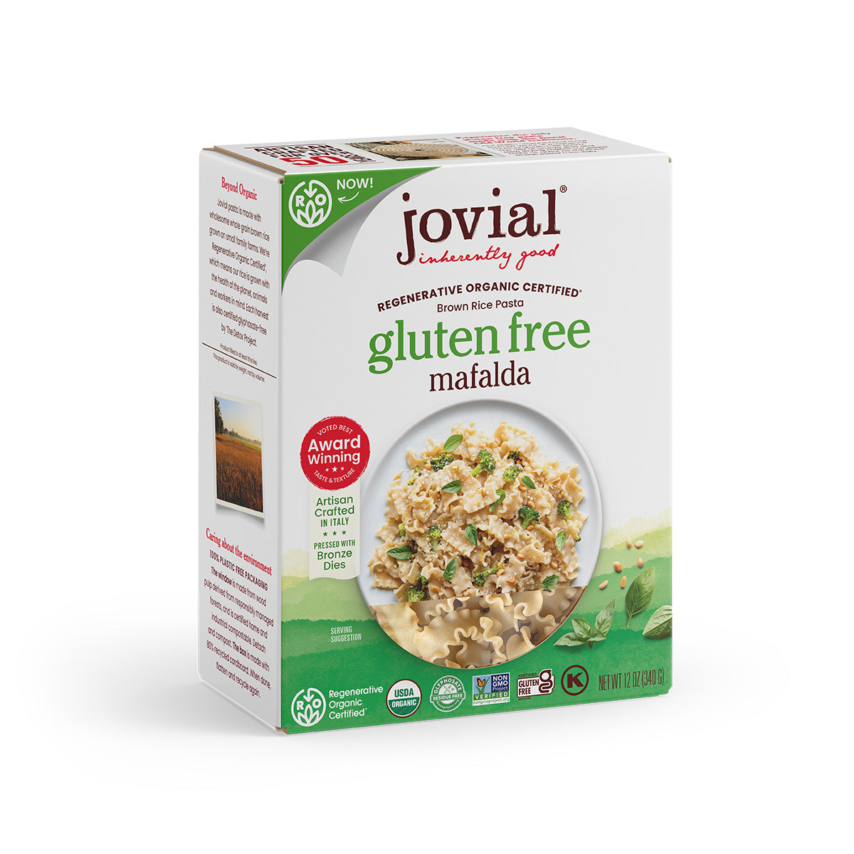 Front view of Jovial Mafalda brown rice pasta box highlighting the gluten free headline and serving photo on white background