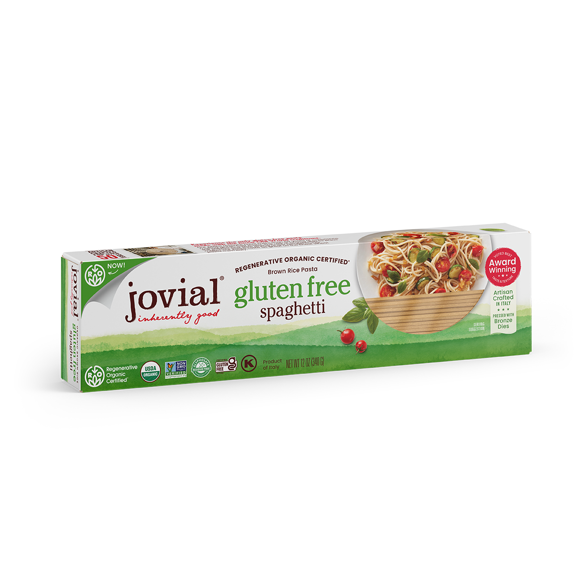 Angled front view of Jovial Organic Brown Rice Spaghetti box showcasing gluten free label, regenerative organic badge, and bowl of spaghetti on white background