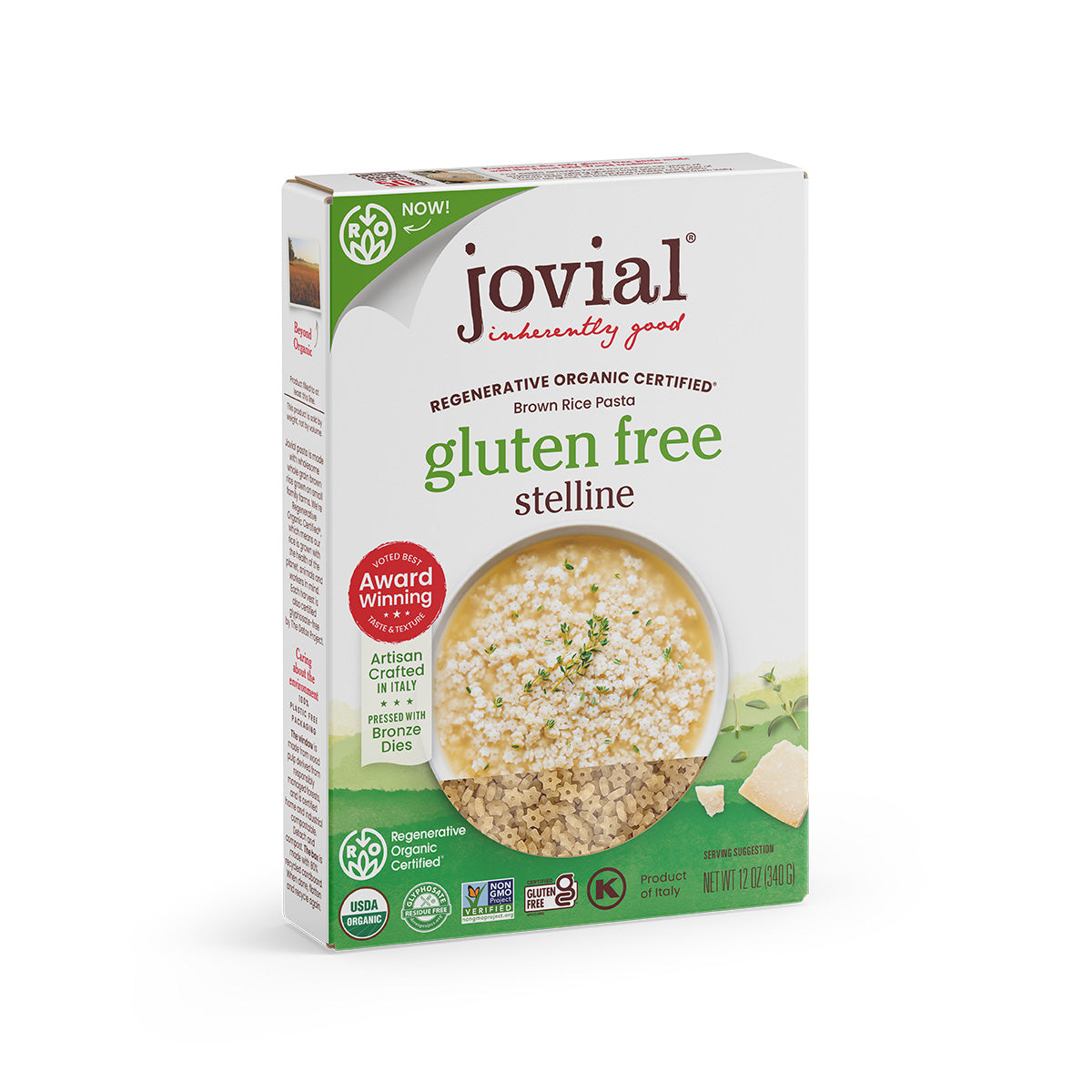 Front view of Jovial organic gluten free brown rice stelline pasta box showing clear product window and serving bowl image on white background