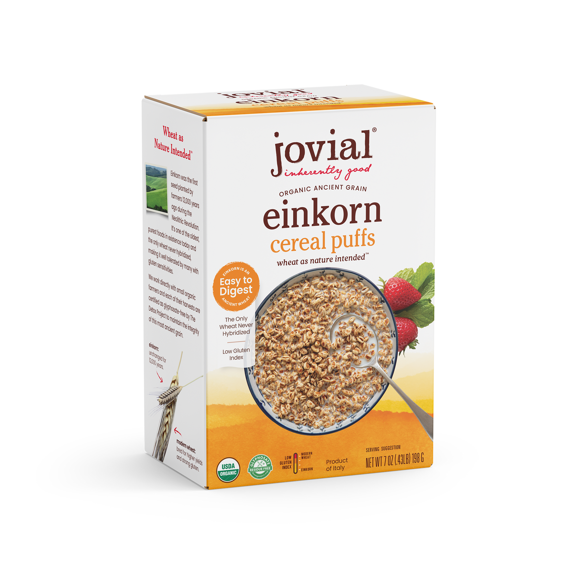 Three-quarter view of Organic Einkorn cereal puffs box showing bowl of cereal and Easy to Digest badge on white background