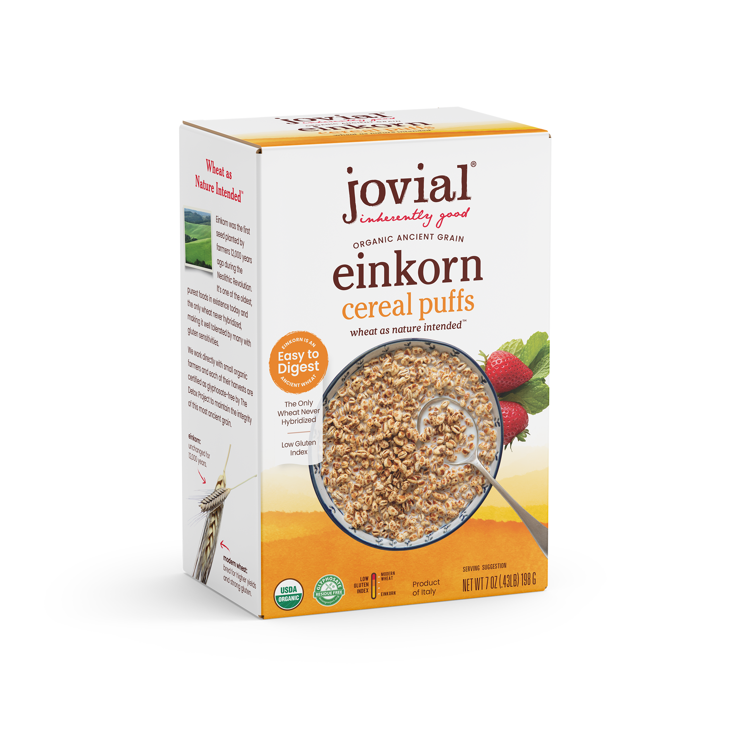 Three-quarter view of Organic Einkorn cereal puffs box showing bowl of cereal and Easy to Digest badge on white background