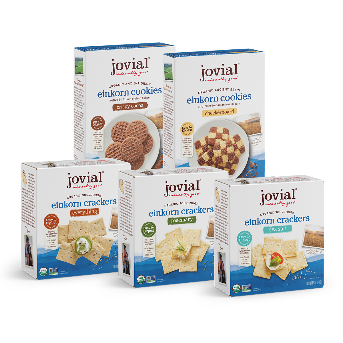 Front view of Jovial organic einkorn cookies and crackers showcasing assorted flavors in five boxes on white background