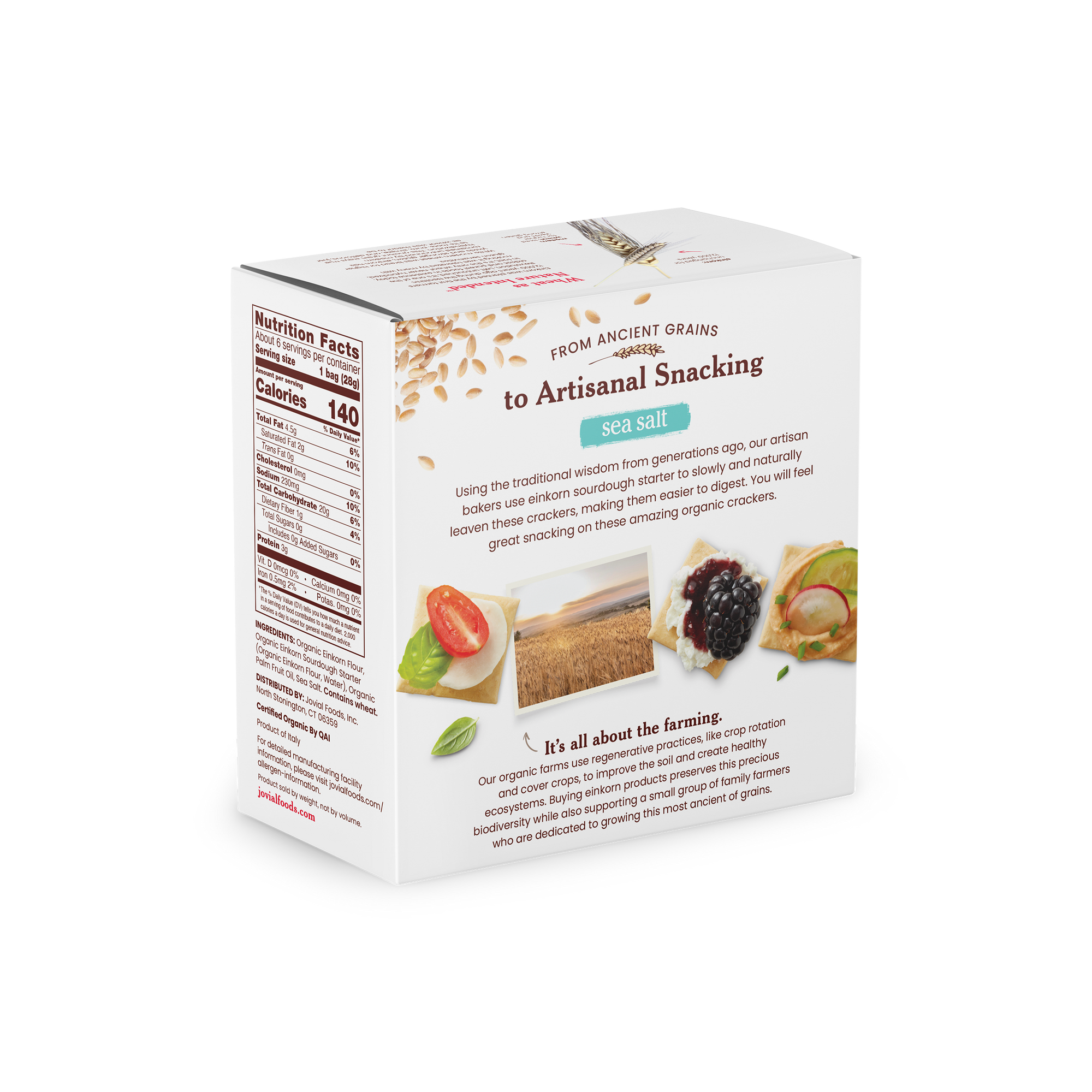 Back of Organic Einkorn Sea Salt Crackers box showing nutrition facts and serving photo on white background