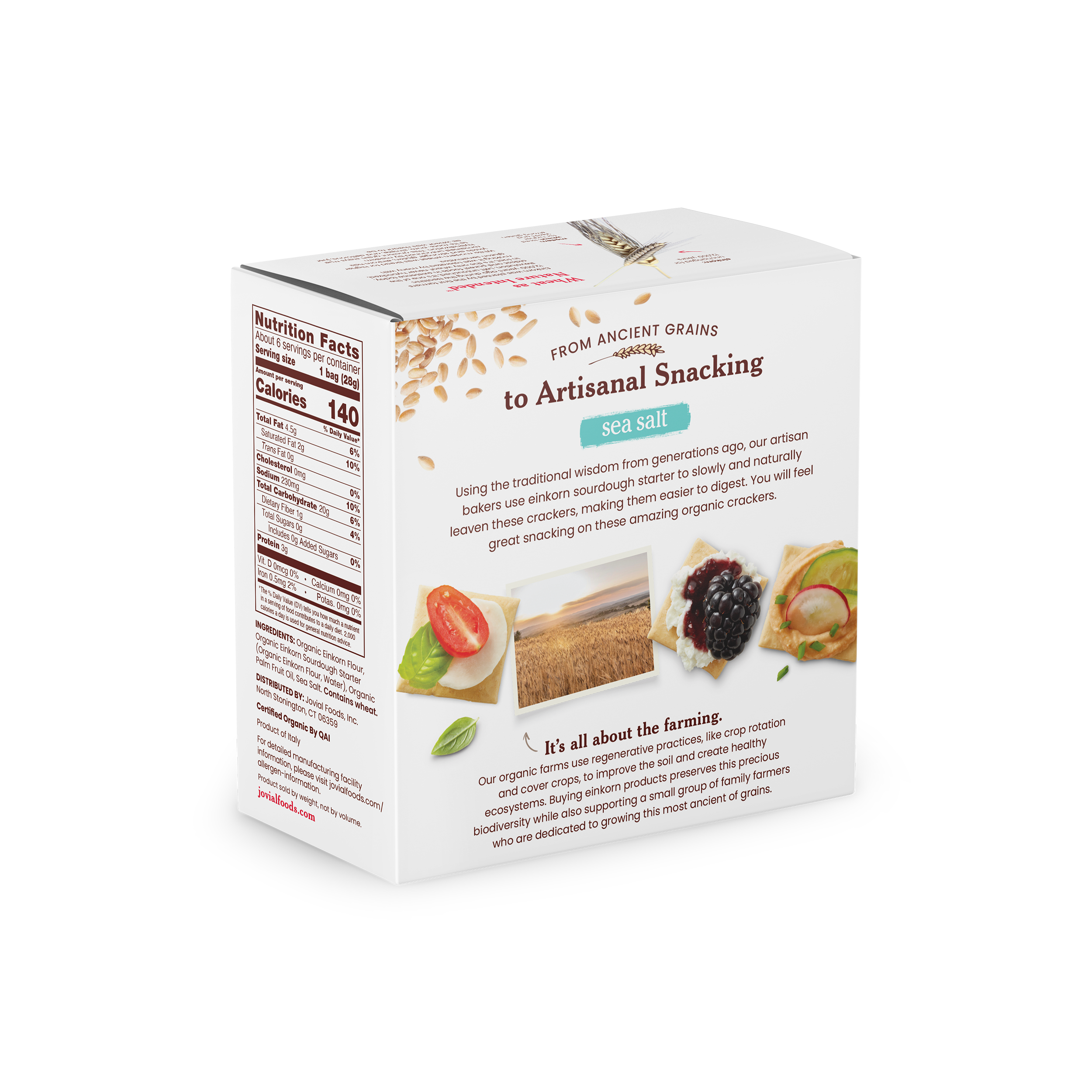 Back of Organic Einkorn Sea Salt Crackers box showing nutrition facts and serving photo on white background