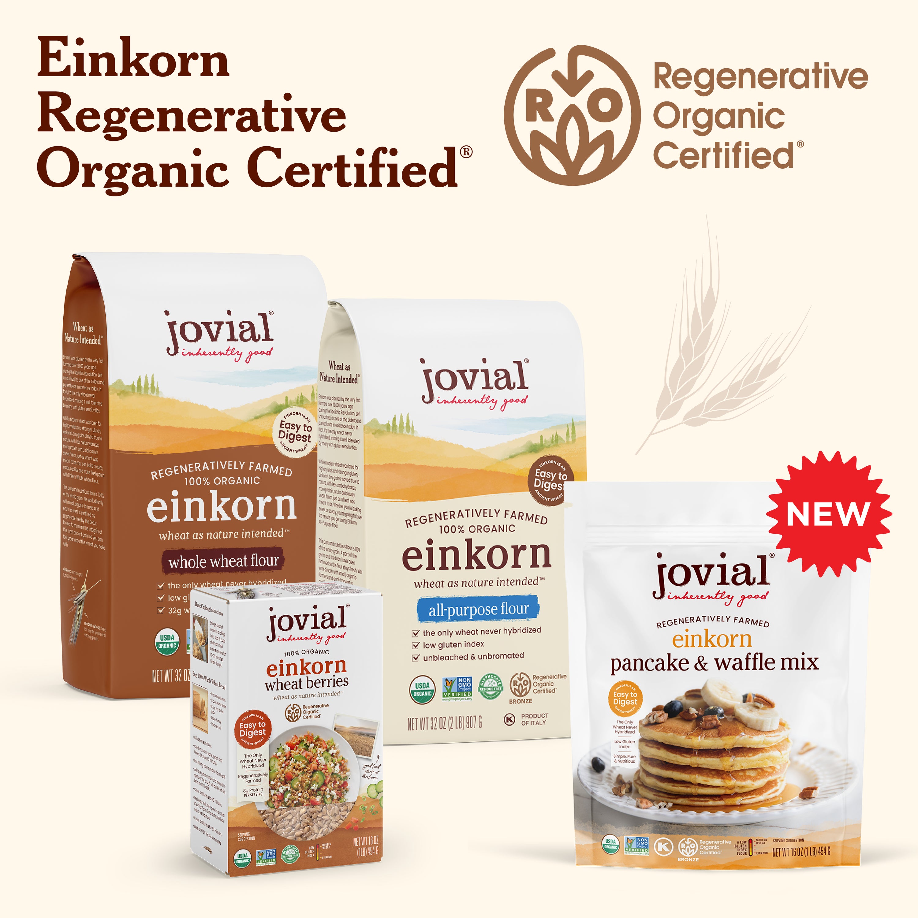 Front view of Jovial Einkorn products with headline Einkorn Regenerative Organic Certified, showing organic-certified flours and pancake & waffle mix