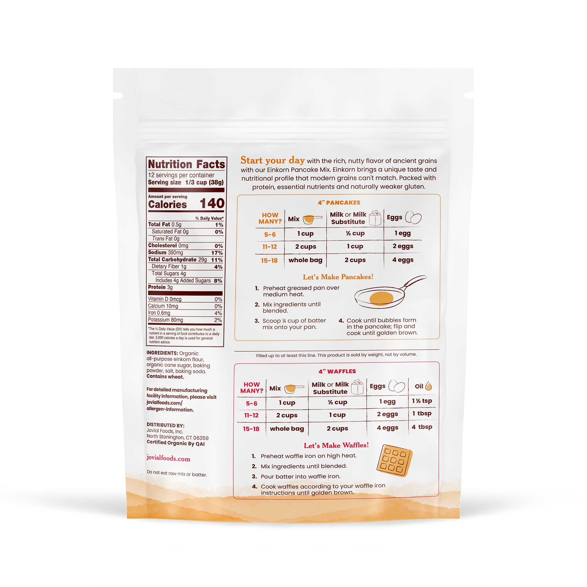 Rear view of Jovial Organic Einkorn Pancake and Waffle Mix bag showing nutrition facts, ingredient list, and pancake and waffle recipes on white background