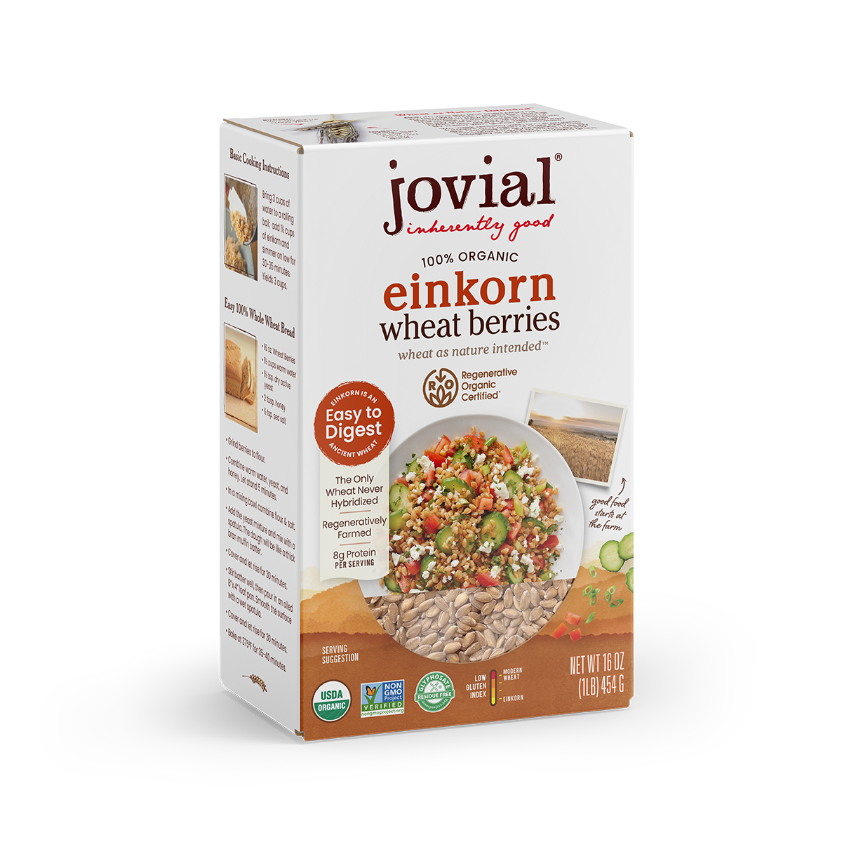 Three-quarter view of Jovial Einkorn Wheat Berries 1 lb box showing Jovial logo, 100% organic badge and serving photo