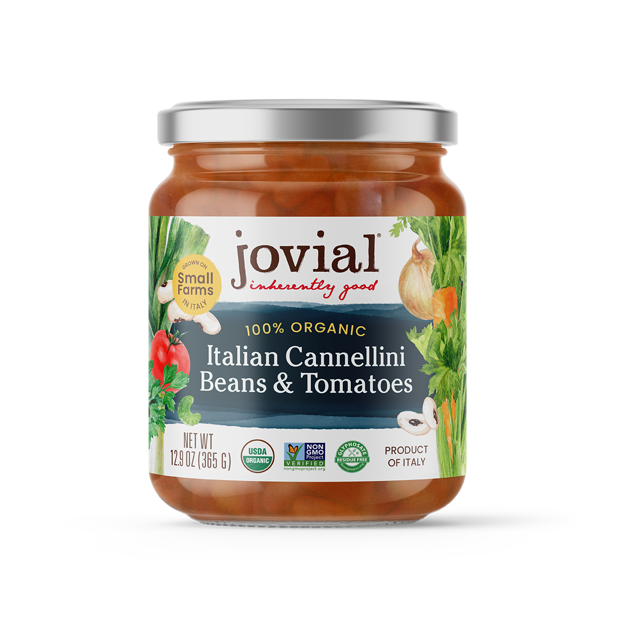 Front view of Jovial jar of Italian Cannellini Beans and Tomatoes with 100 percent organic label