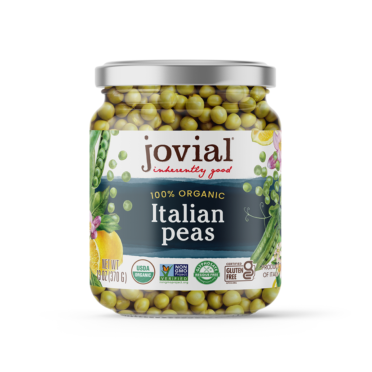 Front view of Jovial Italian peas jar showing 100 percent organic label and USDA Organic and Gluten Free badges, 13 oz