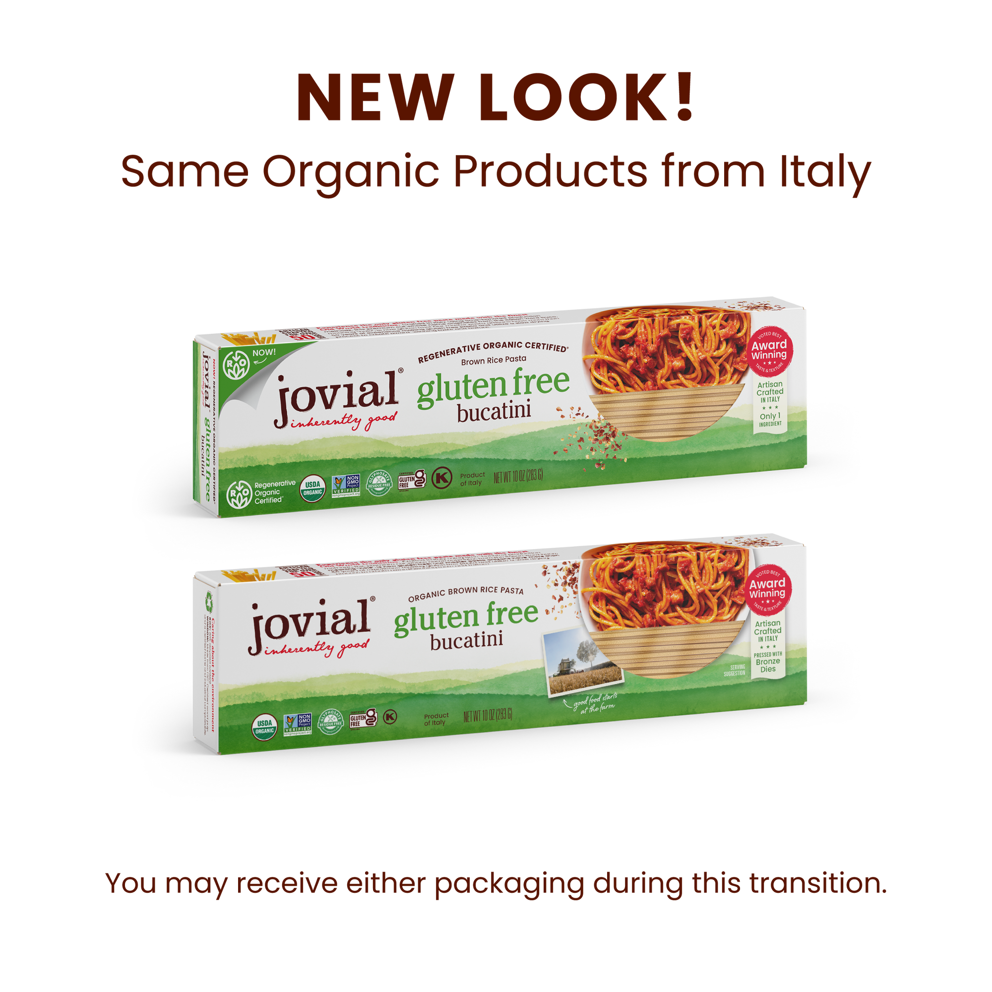 Front view of Jovial organic gluten free brown rice bucatini box showing packaging artwork with a bowl of cooked pasta