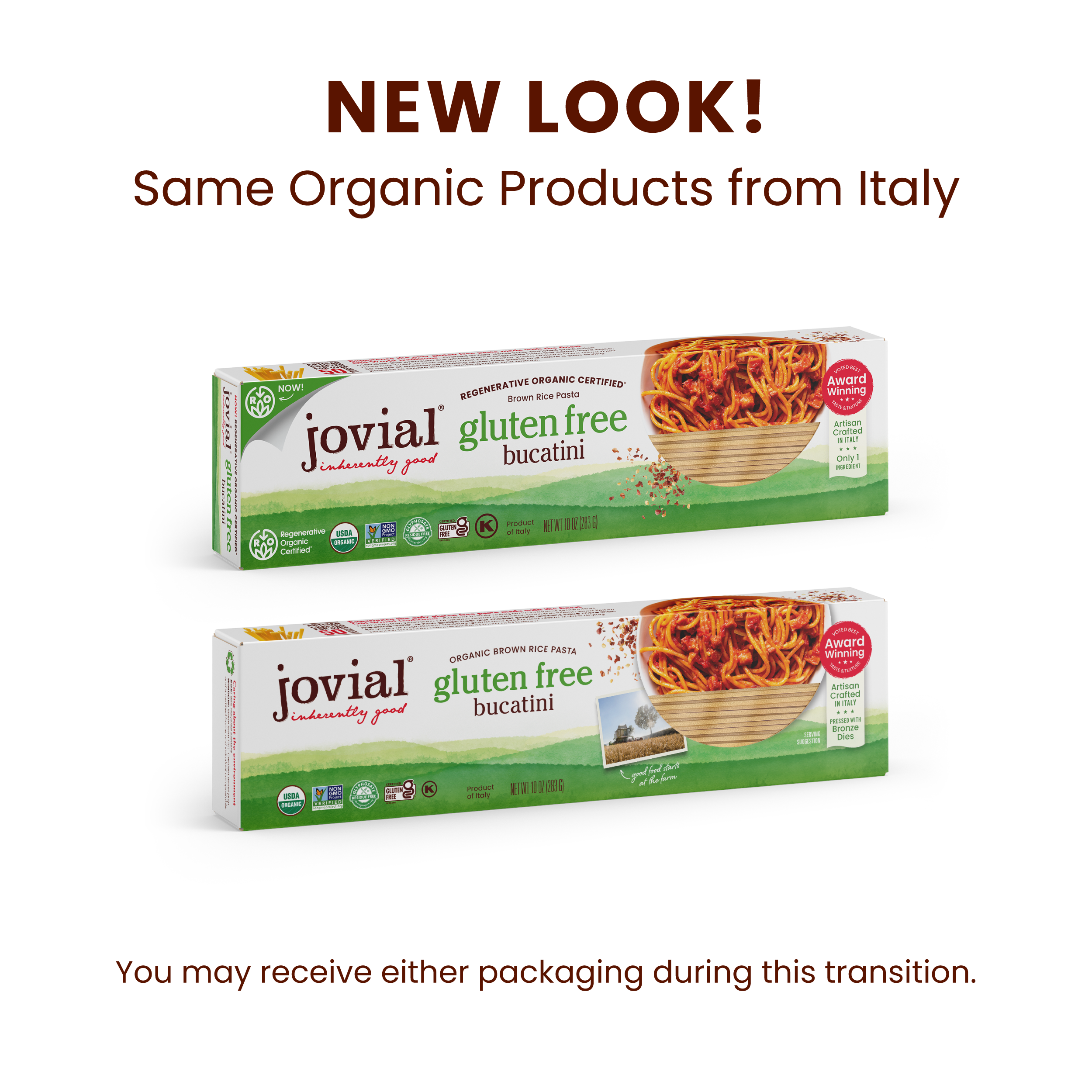 Front view of Jovial organic gluten free brown rice bucatini box showing packaging artwork with a bowl of cooked pasta