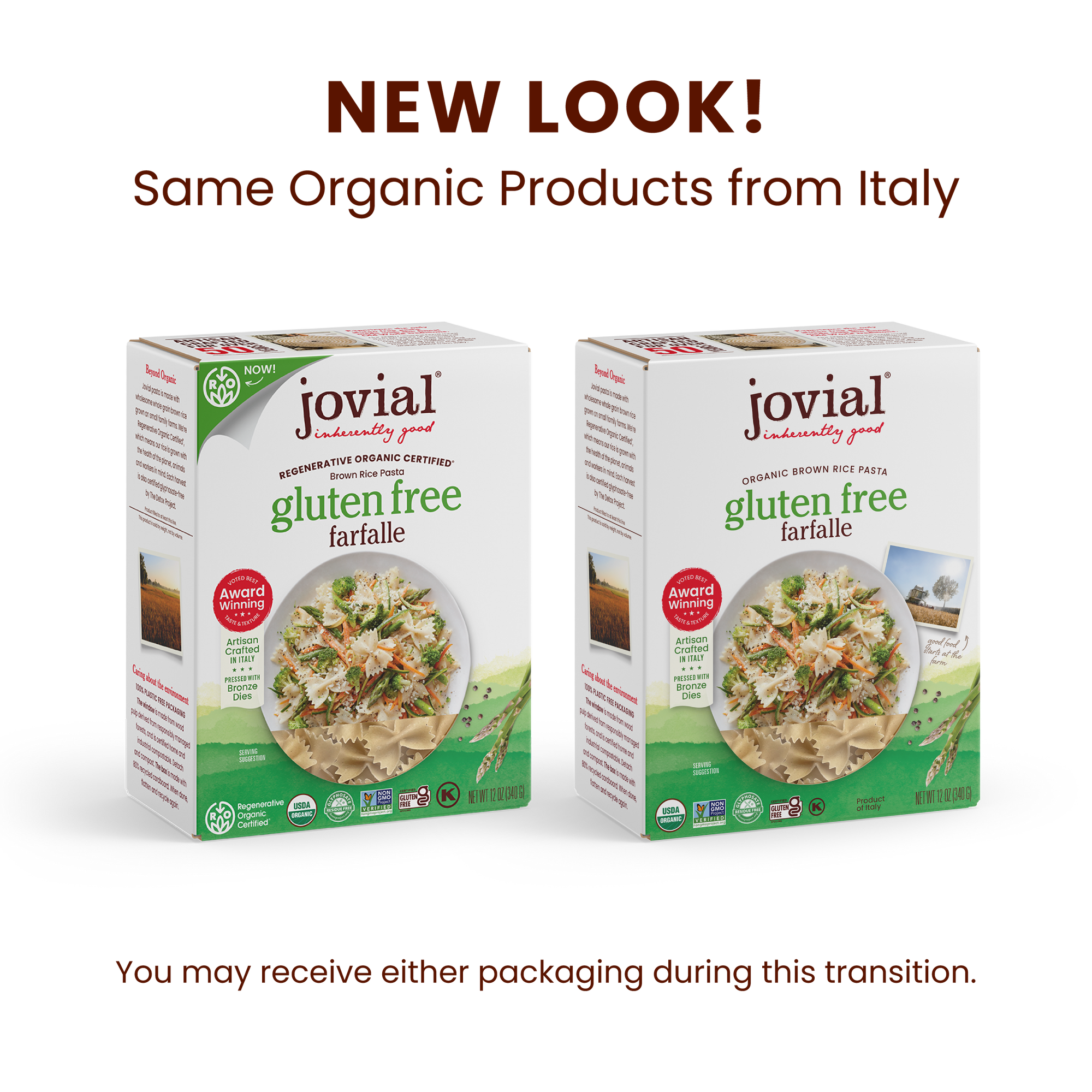 Promotional banner showing new packaging for Jovial gluten free brown rice farfalle with headline NEW LOOK!