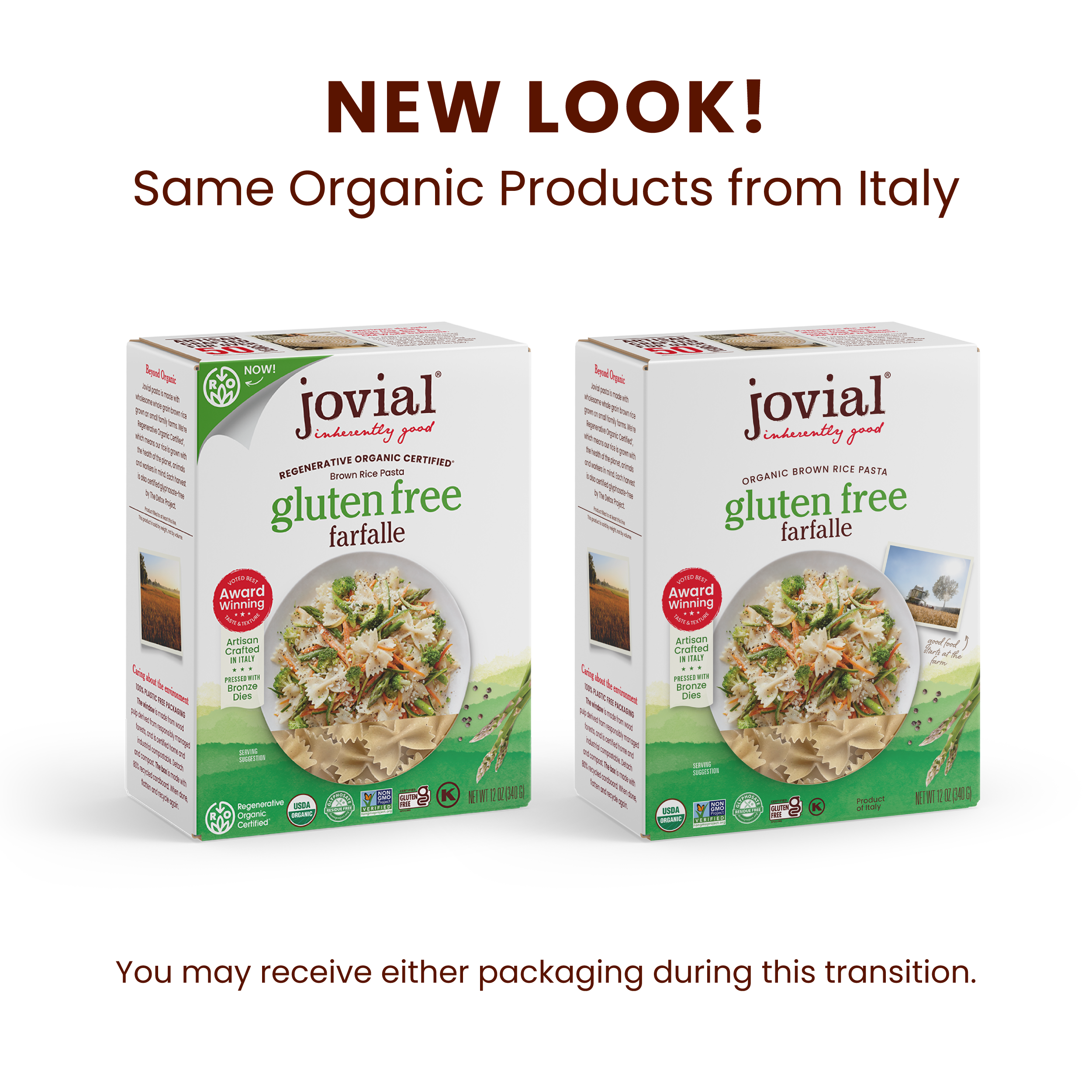Promotional banner showing new packaging for Jovial gluten free brown rice farfalle with headline NEW LOOK!