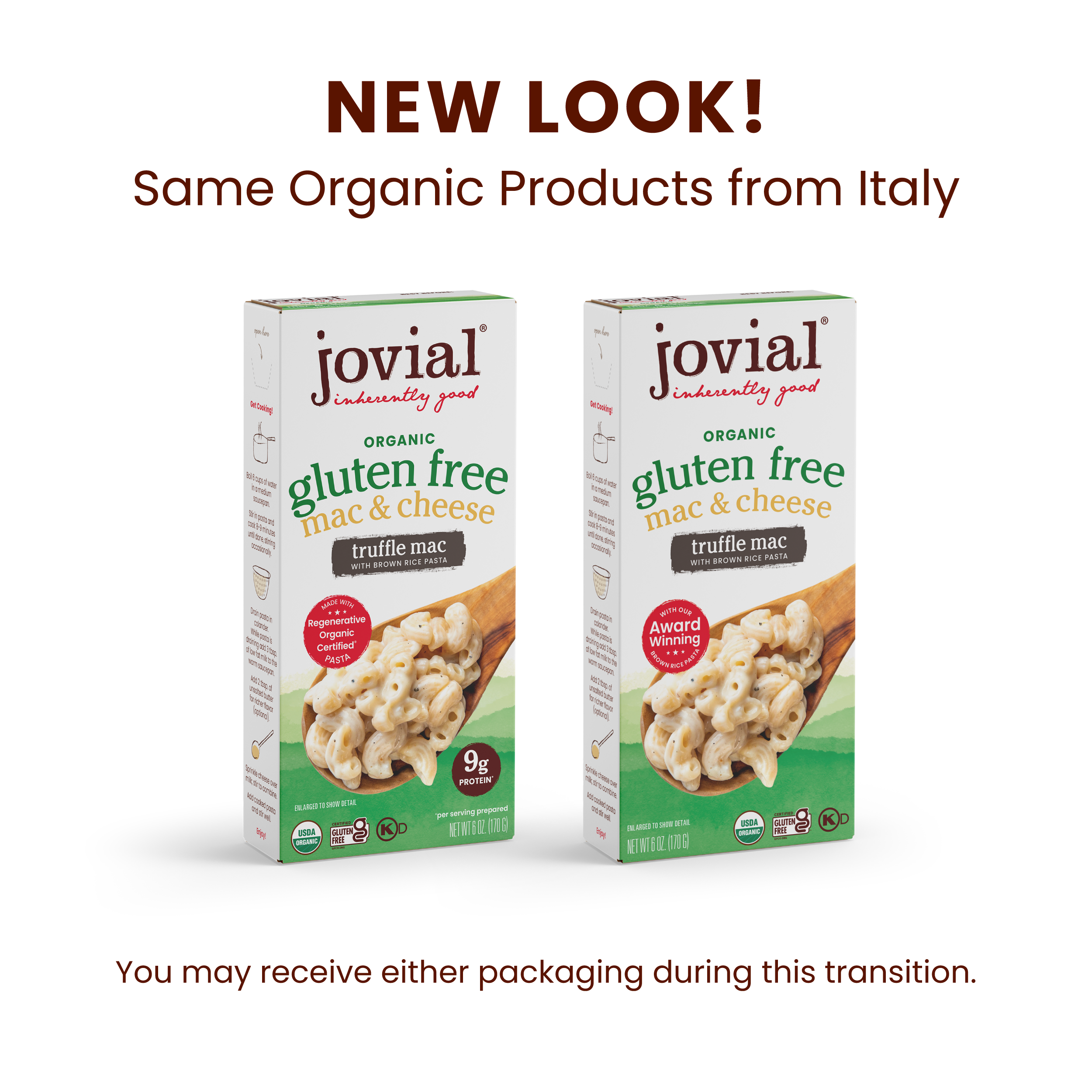 Front view of Jovial organic gluten free truffle mac & cheese box showing macaroni image and product labeling on white background