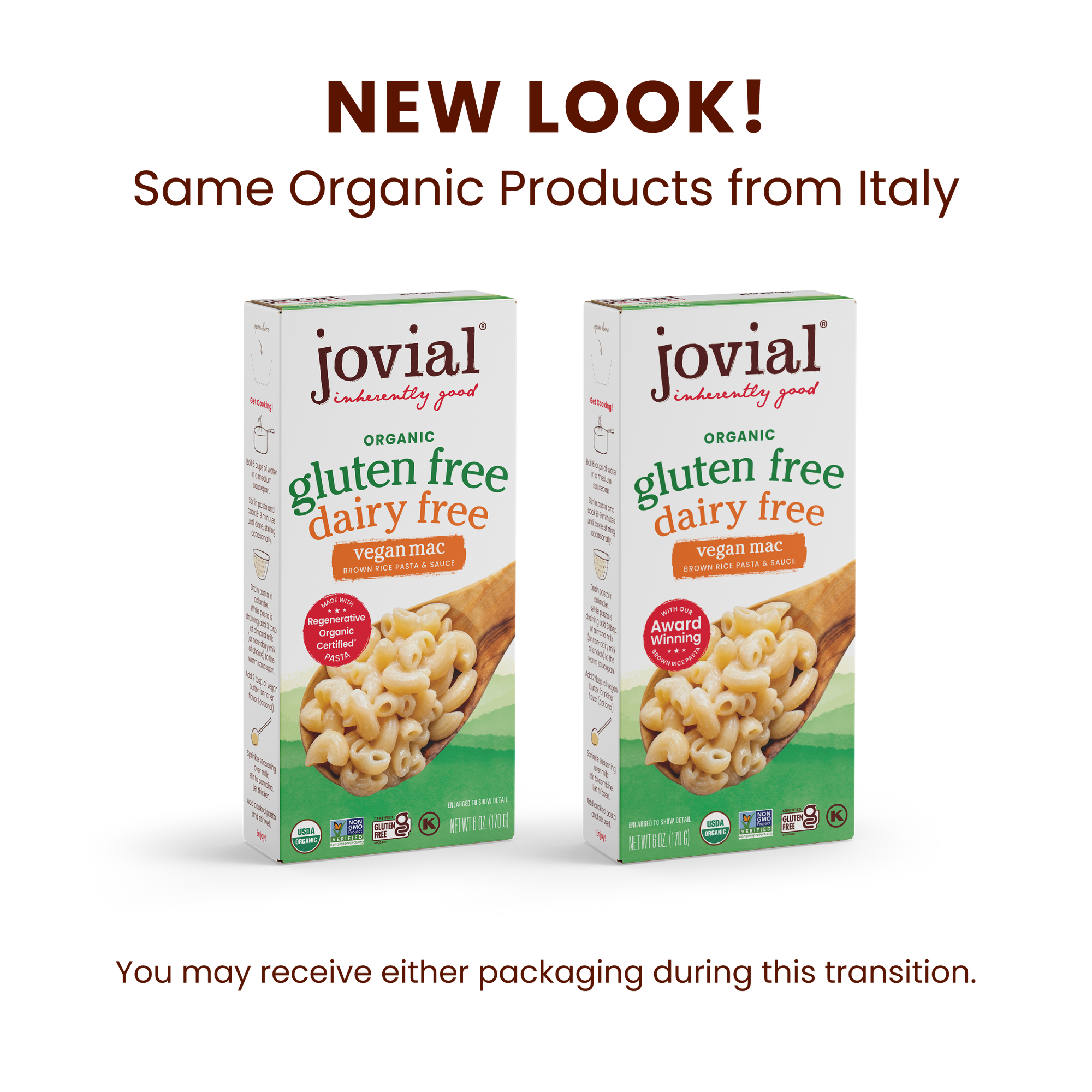 Front view of two Jovial organic gluten free dairy free vegan mac boxes with NEW LOOK headline on white background