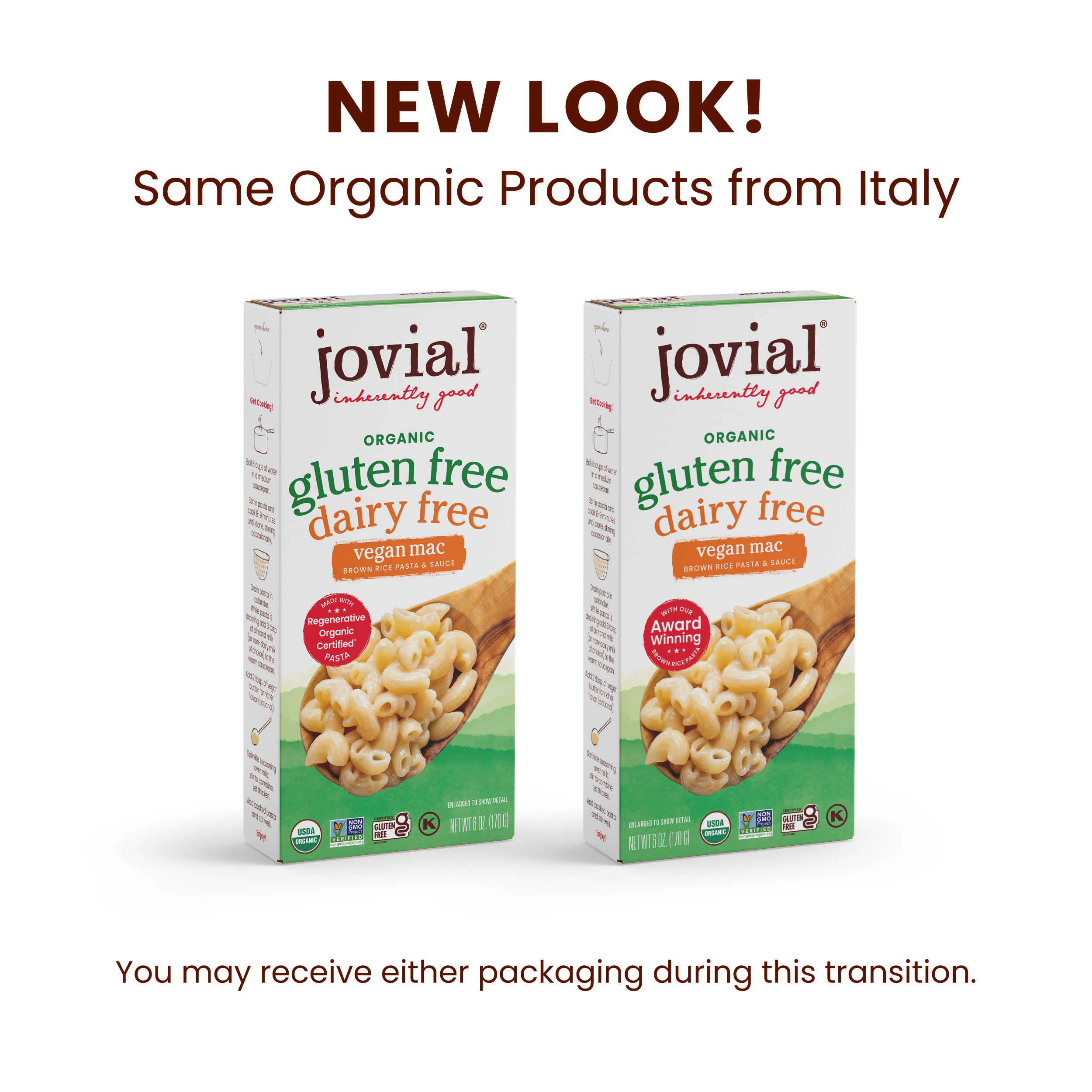 Front view of two Jovial organic gluten free dairy free vegan mac boxes with NEW LOOK headline on white background