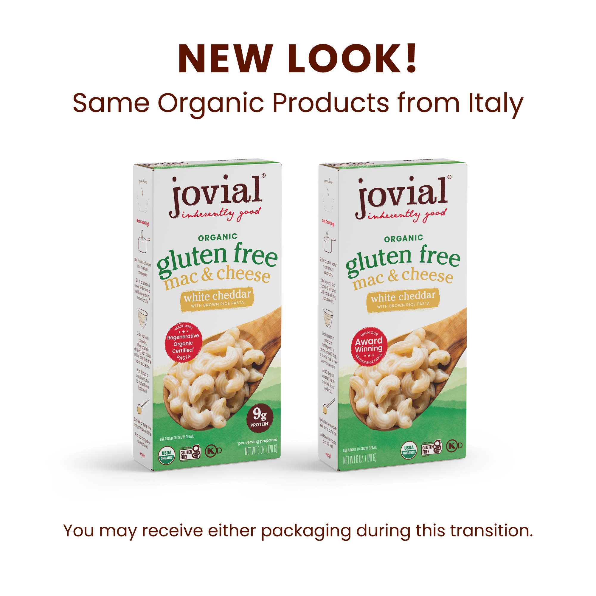 Front of Jovial Organic Gluten Free White Cheddar Mac & Cheese box with new-look packaging showing macaroni image
