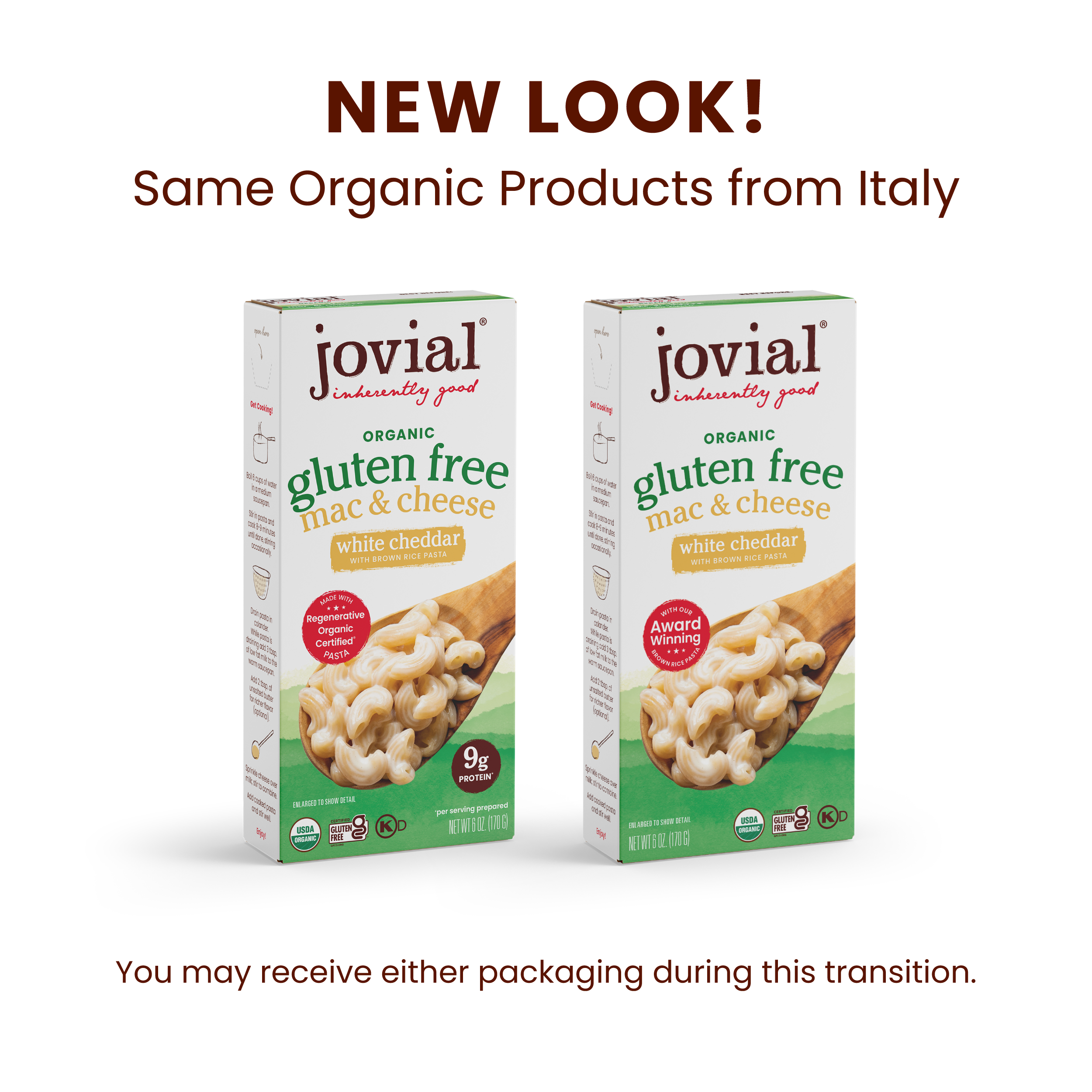 Front of Jovial Organic Gluten Free White Cheddar Mac & Cheese box with new-look packaging showing macaroni image