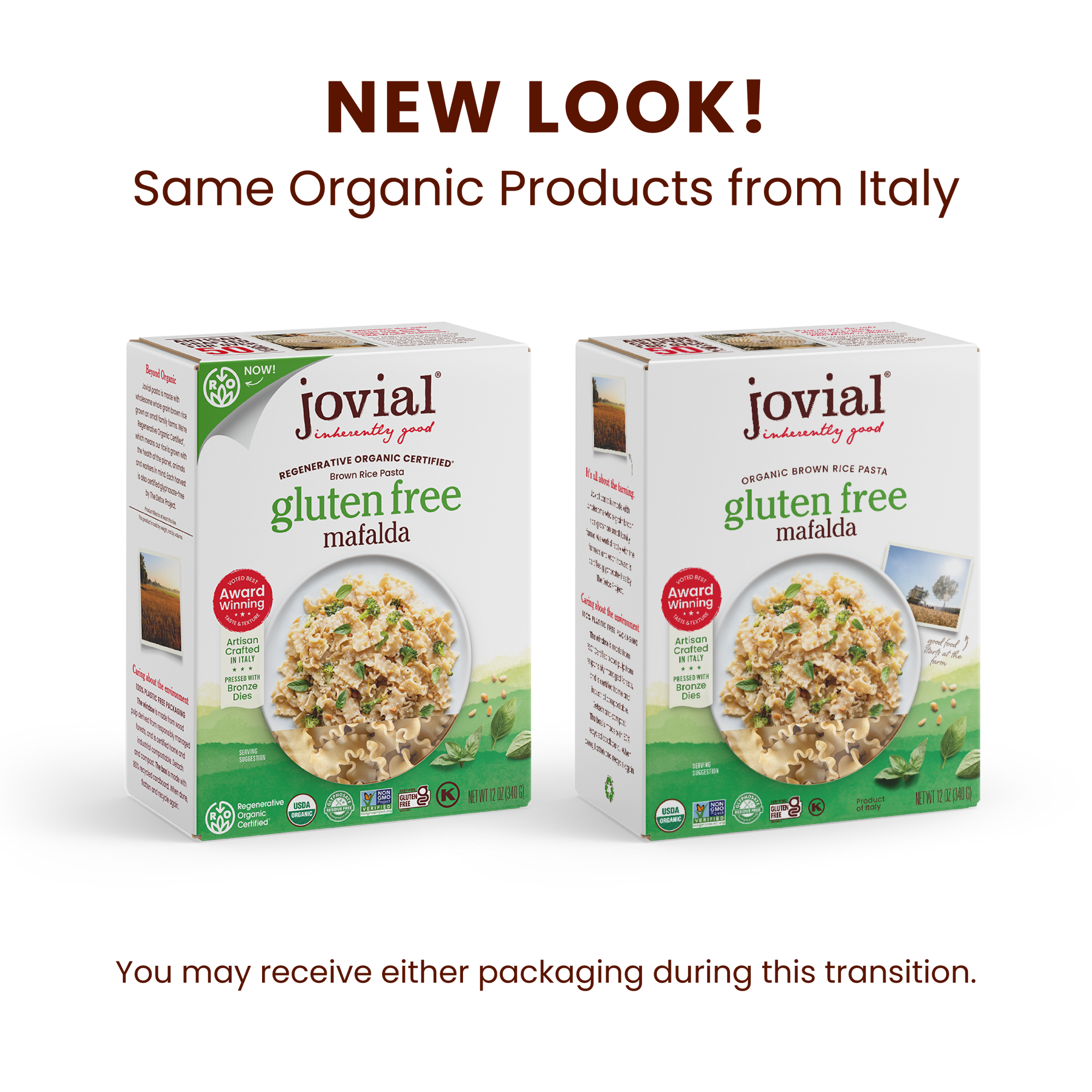 Front and side of Jovial Organic Gluten Free Brown Rice Mafalda boxes showing new look packaging on white background