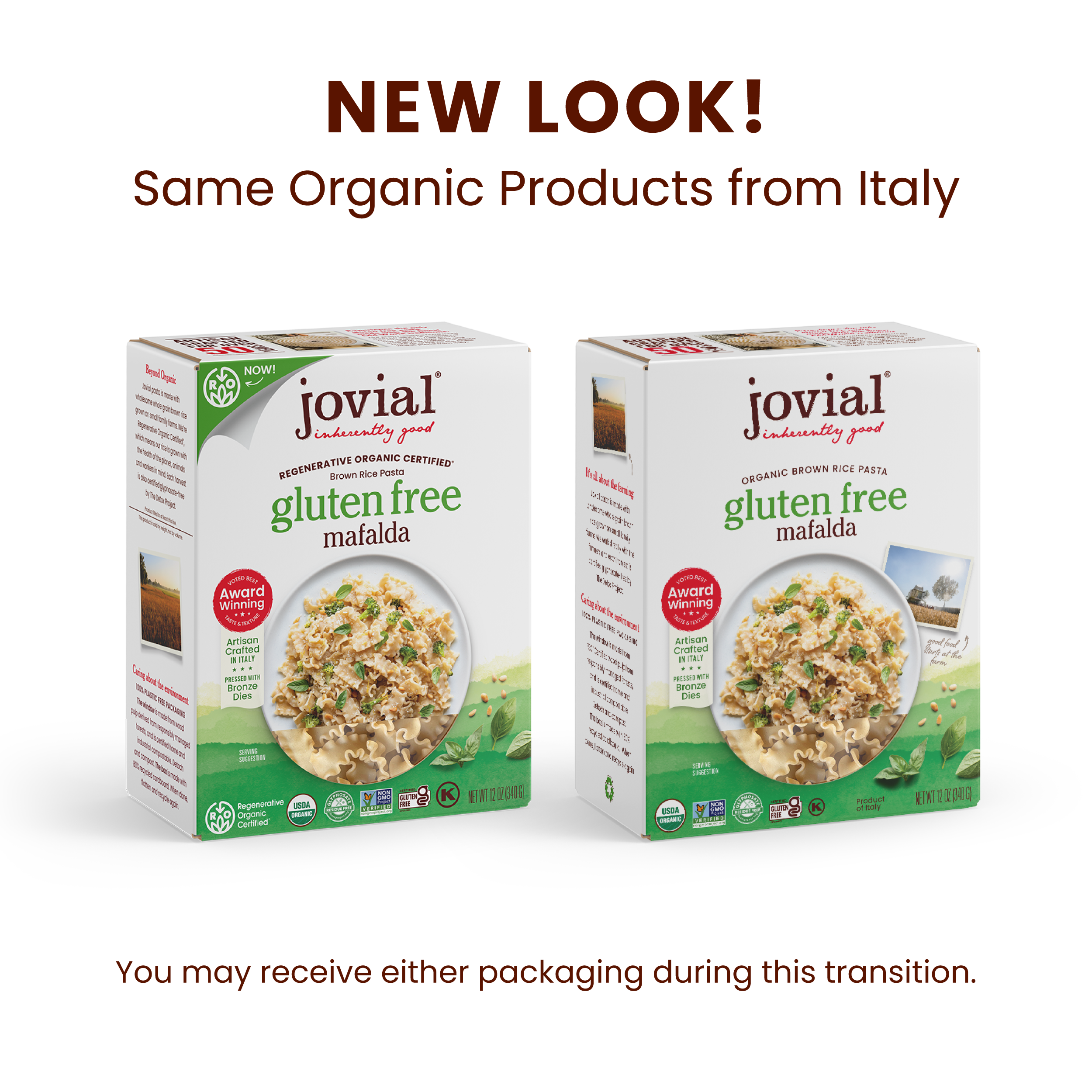 Front and side of Jovial Organic Gluten Free Brown Rice Mafalda boxes showing new look packaging on white background