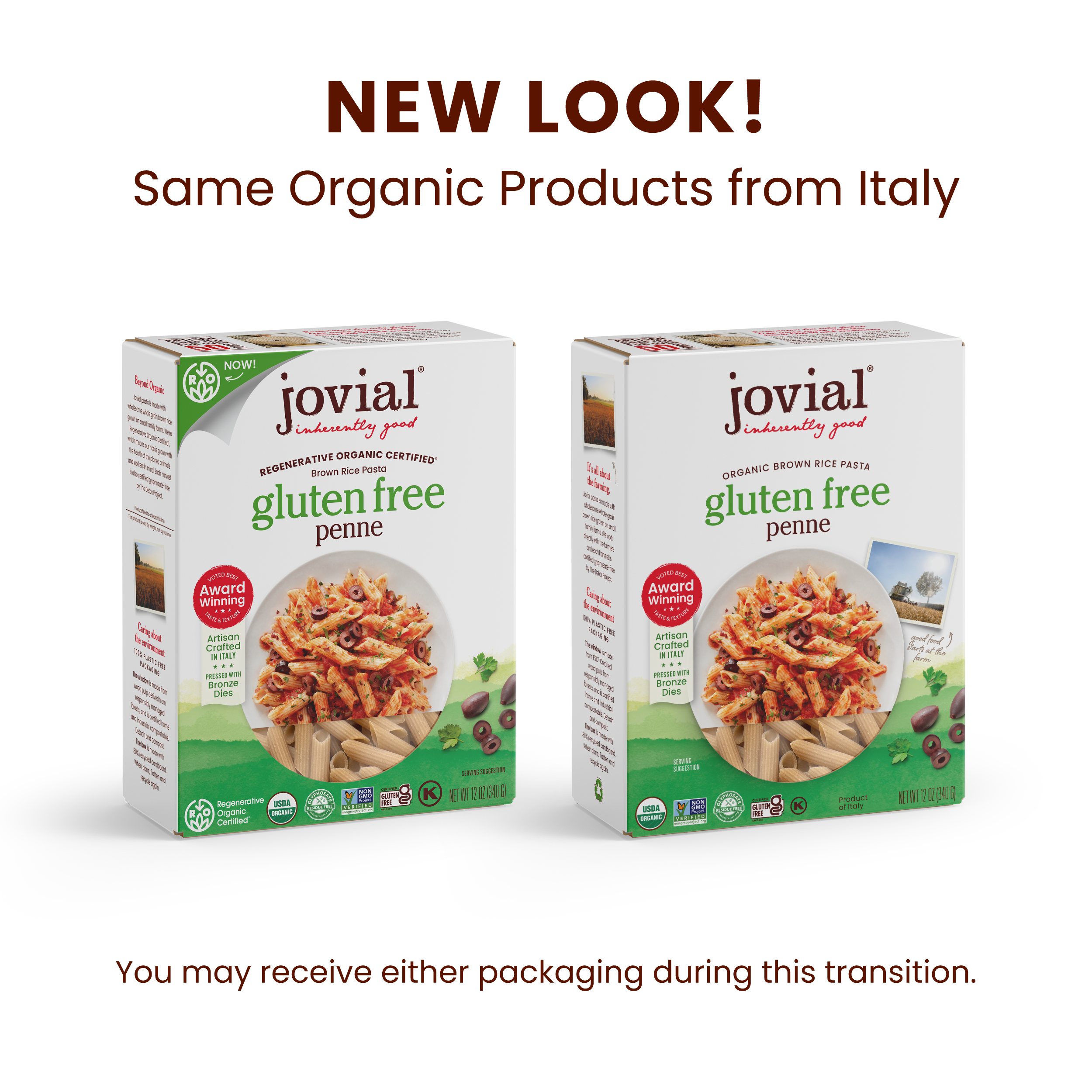 Front-facing box of Jovial organic gluten free brown rice penne showing gluten free label and pasta photo