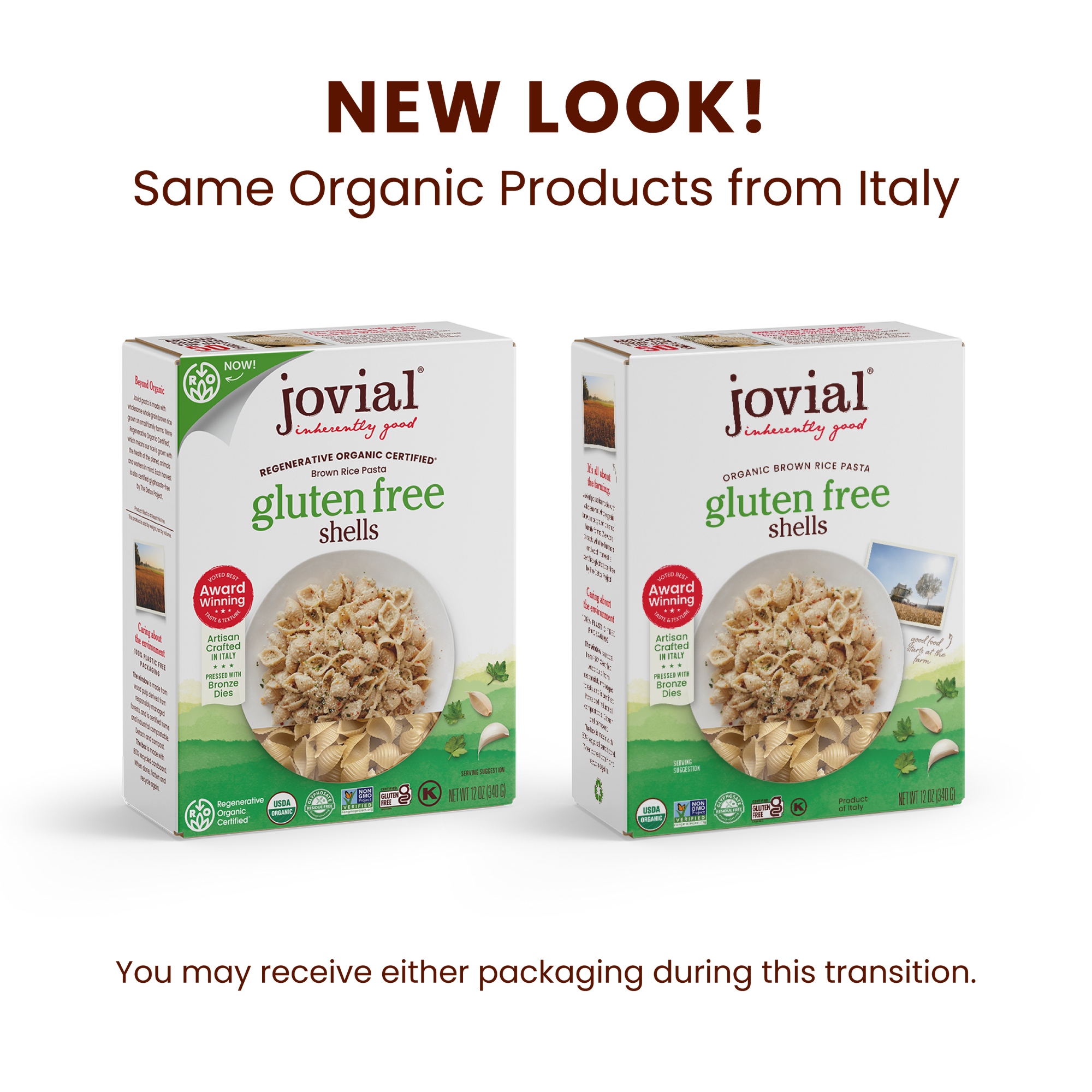 Front view of two boxes of Jovial Organic Gluten Free Brown Rice pasta shells showcasing new-look packaging on white background