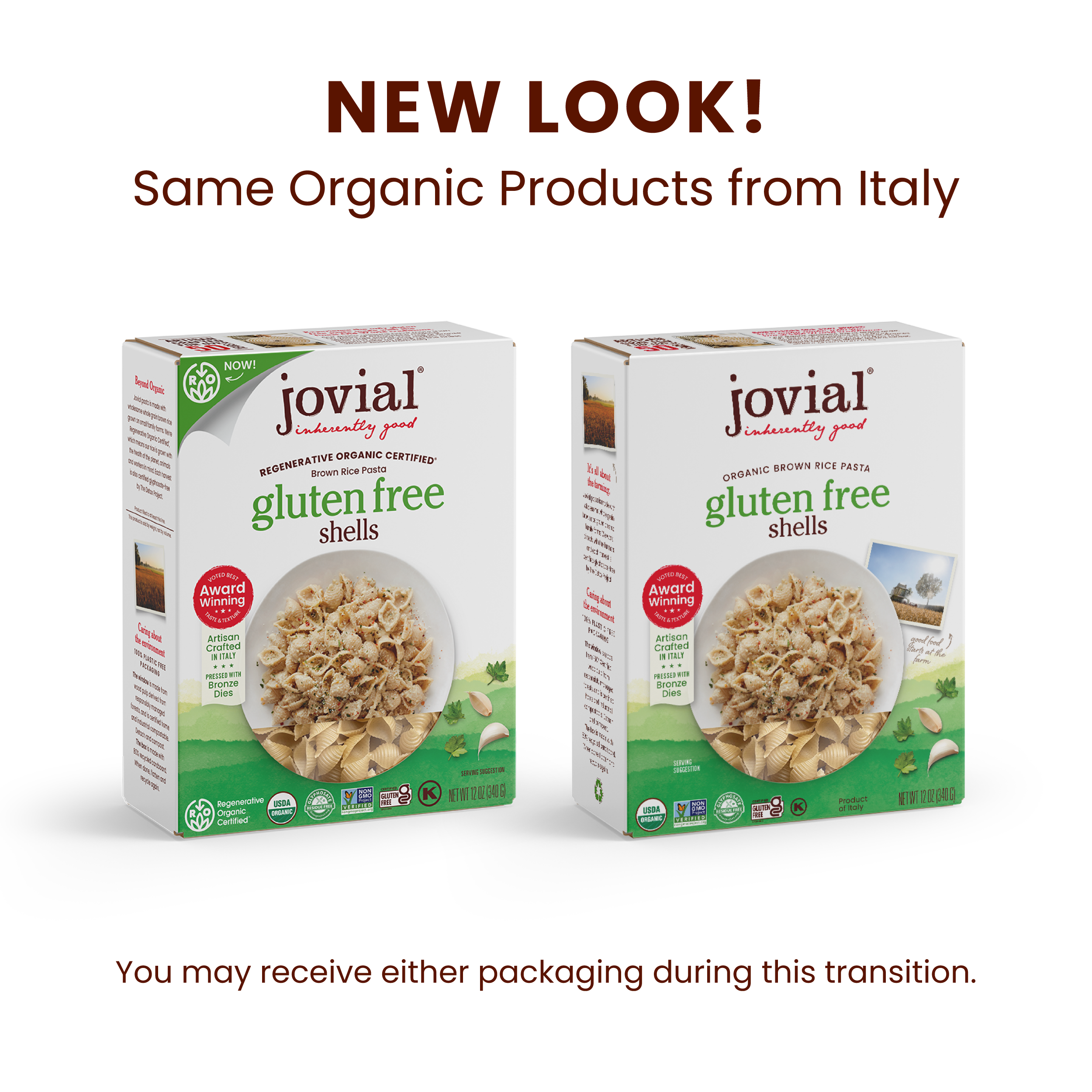 Front view of two boxes of Jovial Organic Gluten Free Brown Rice pasta shells showcasing new-look packaging on white background