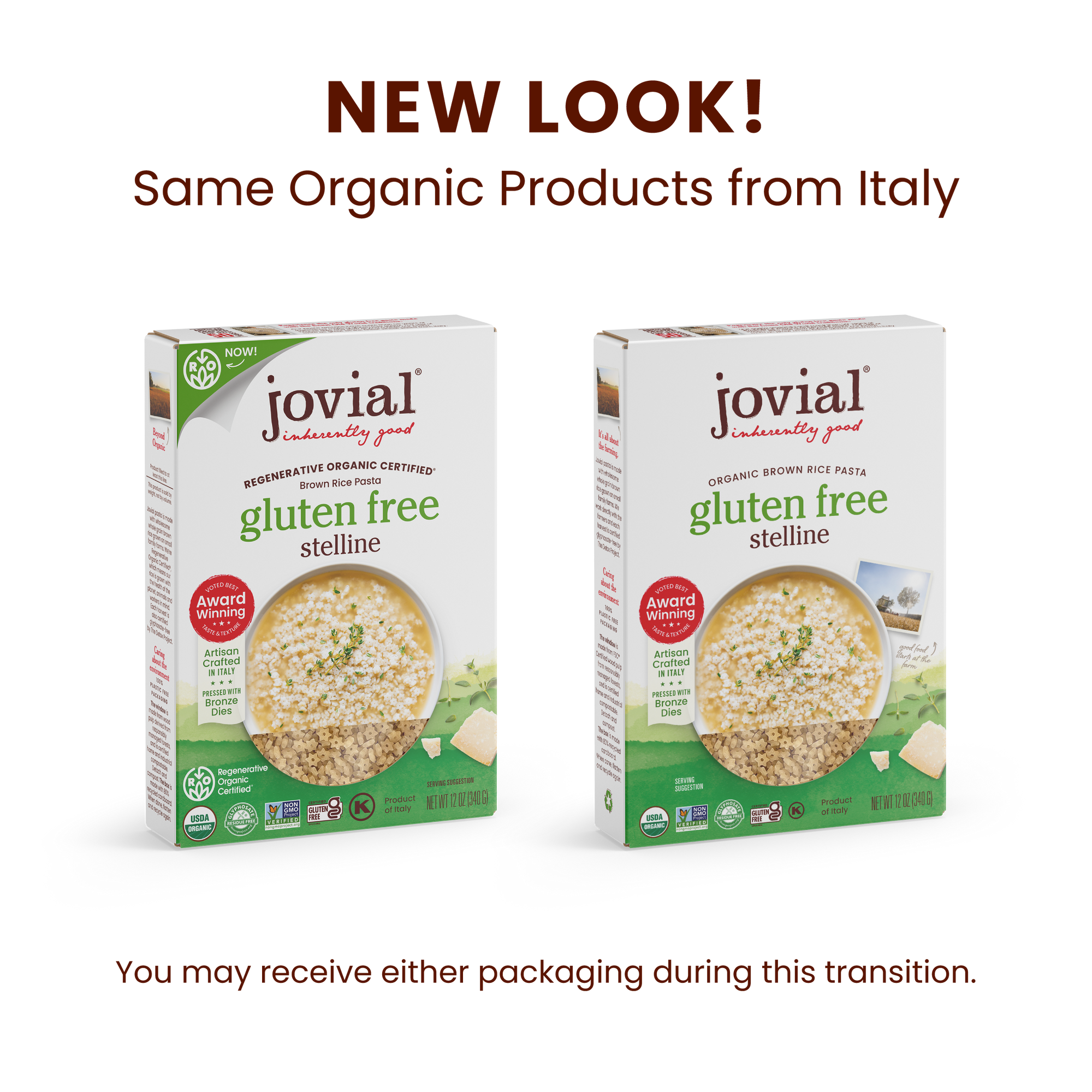Front view of Jovial Organic Gluten Free Brown Rice Stelline box showcasing new-look packaging with two boxes on white background