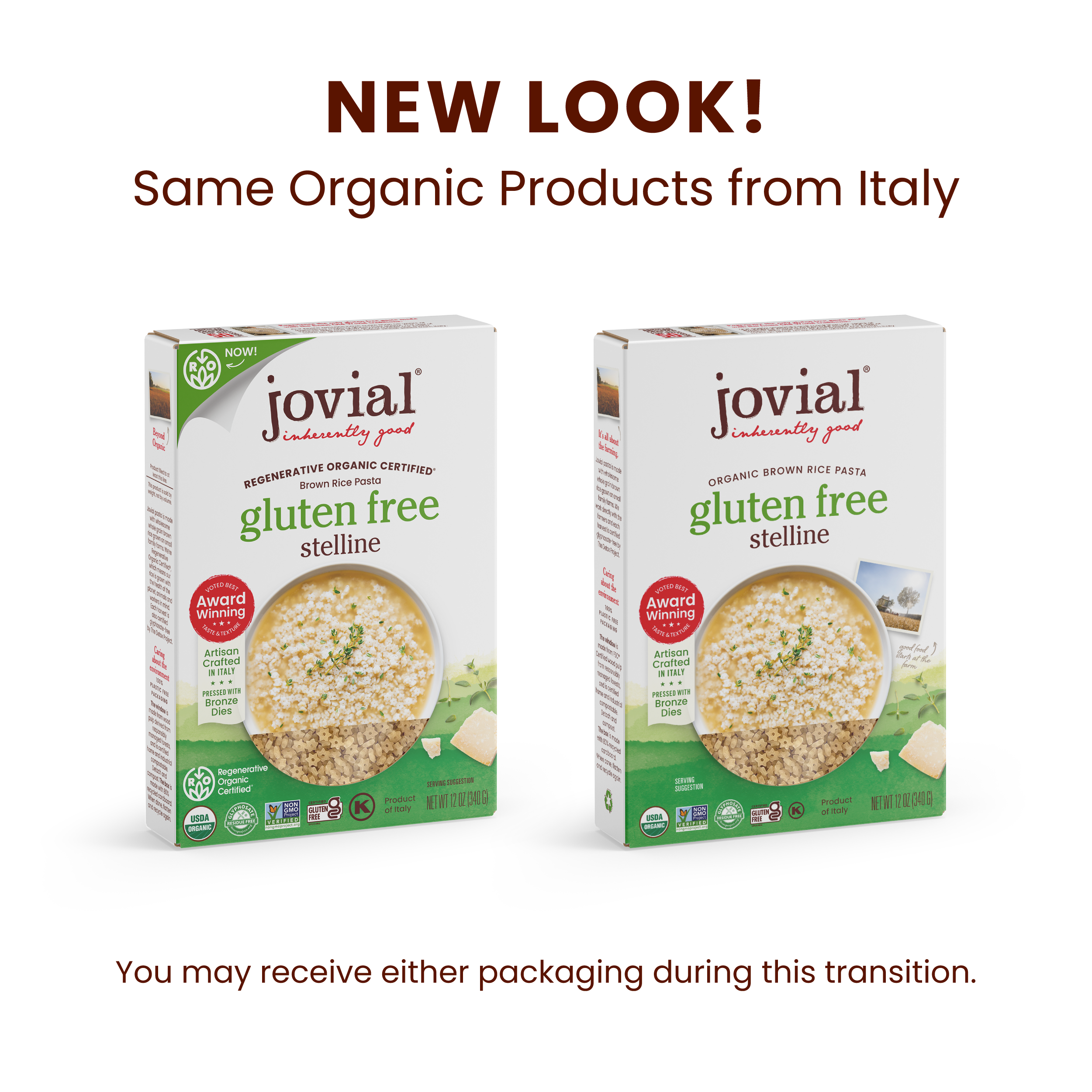 Front view of Jovial Organic Gluten Free Brown Rice Stelline box showcasing new-look packaging with two boxes on white background