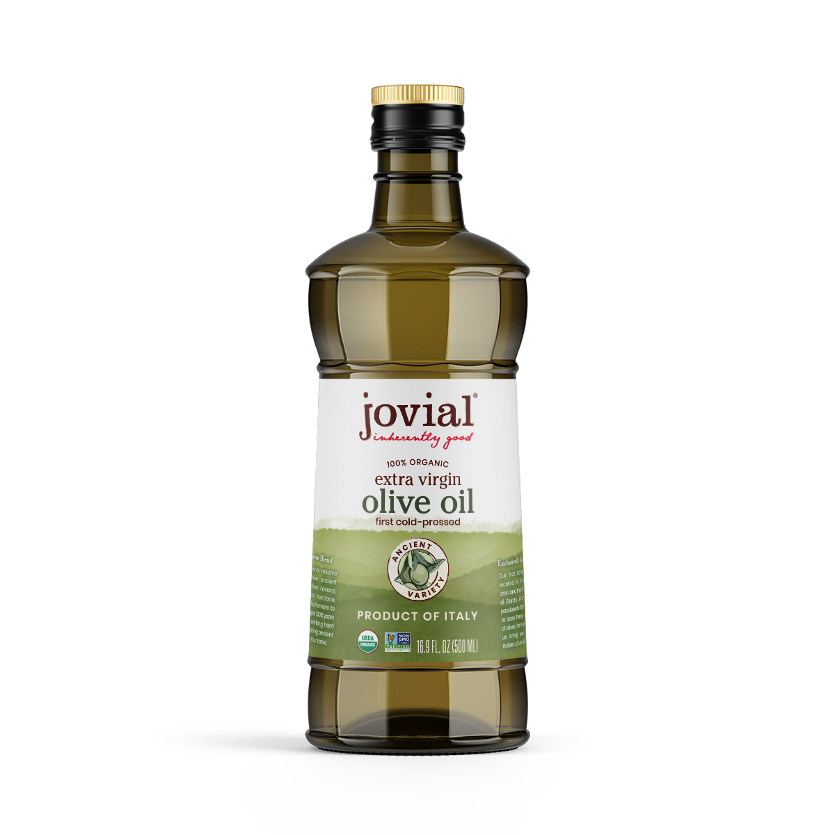 Front view of Jovial organic extra virgin olive oil bottle (500 ml) showcasing the label reading “extra virgin olive oil” and “Product of Italy” on a white background