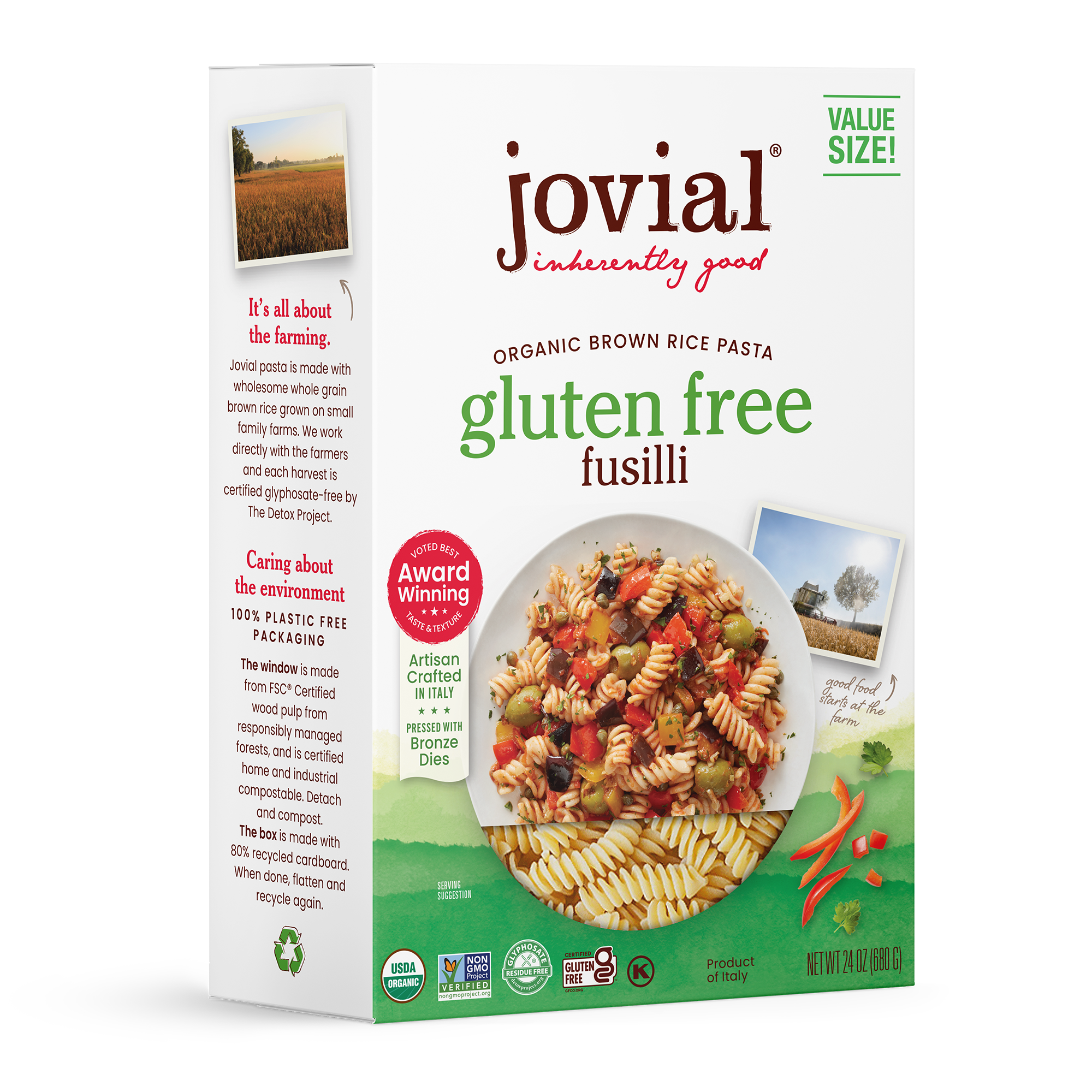 Front three-quarter Jovial organic brown rice fusilli box, family size 24 oz, showing gluten-free label and prepared pasta photo