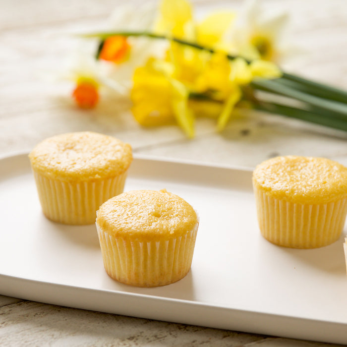 Front view of three lemon cupcakes made with einkorn on a white rectangular platter with daffodils in soft-focus background