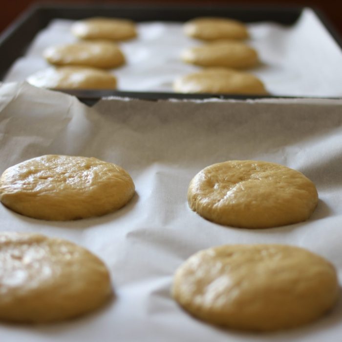 Einkorn sourdough hamburger bun dough rounds proofing on parchment-lined baking sheets
