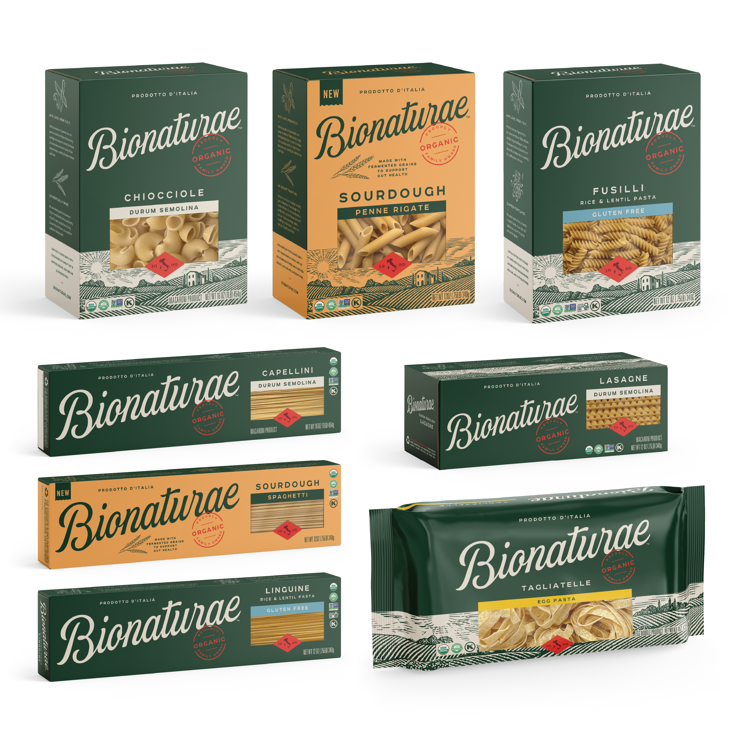 Angled view of assorted Bionaturae pasta boxes showcasing organic packaging and a variety of pasta shapes on dark background