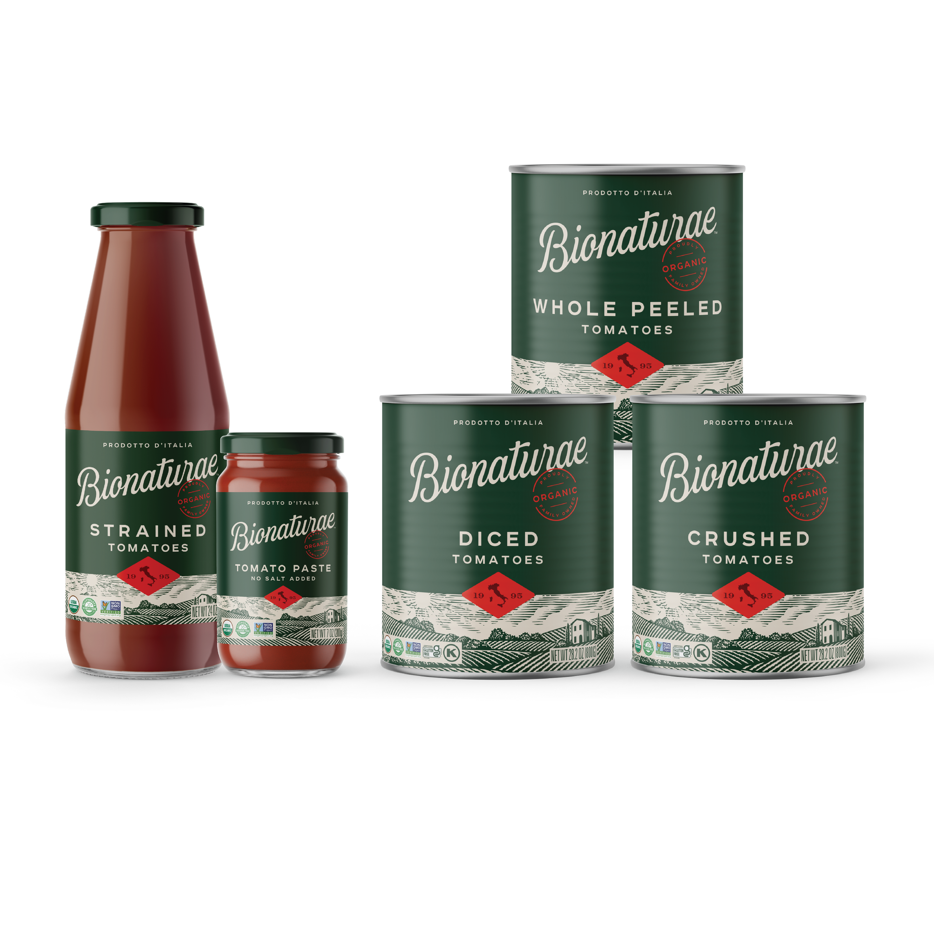 Front of Bionaturae organic tomato bundle with whole, diced, crushed, strained tomatoes and tomato paste