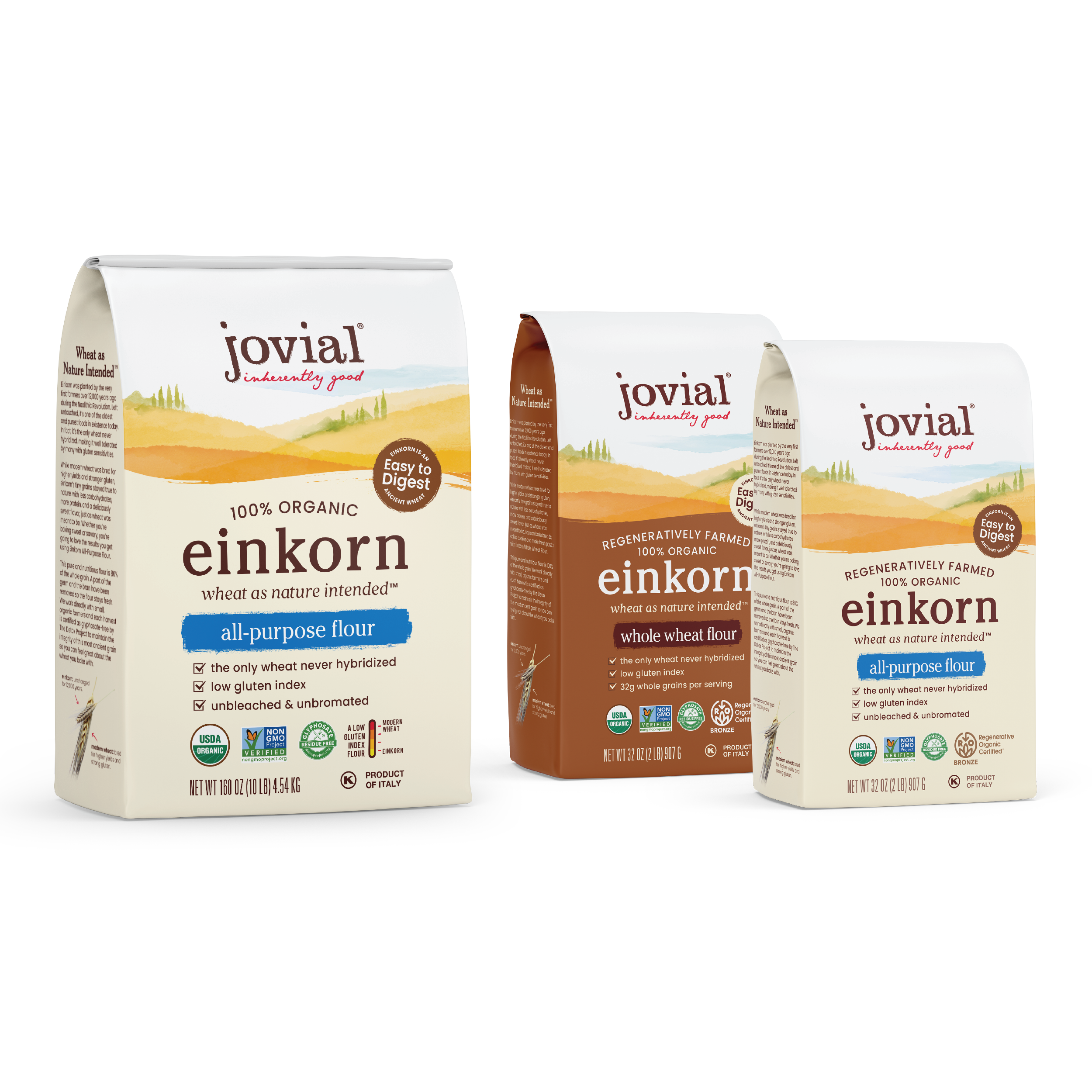 Front view of three Jovial Einkorn flour bags (all-purpose and whole wheat) showing 100% organic labels on white background
