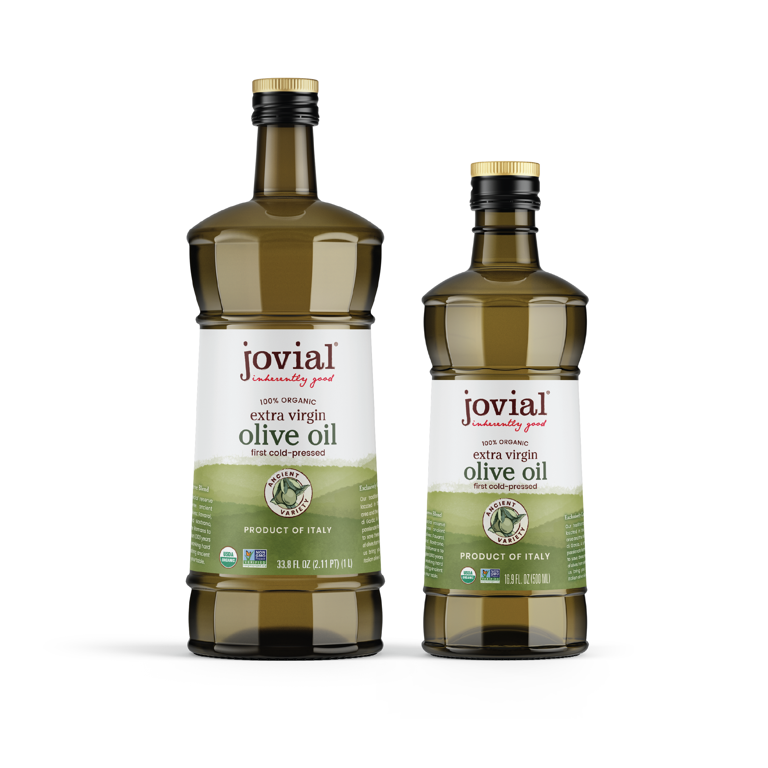 Front view of two Jovial organic extra virgin olive oil bottles (large and small) showing extra virgin olive oil label on white background