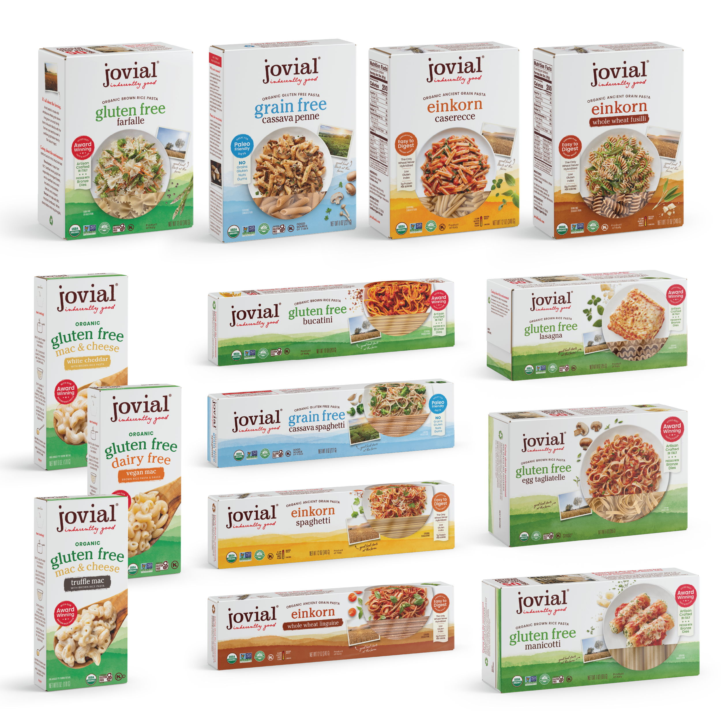 Assorted Jovial pasta boxes showing organic, gluten-free, einkorn, and brown rice varieties on white background