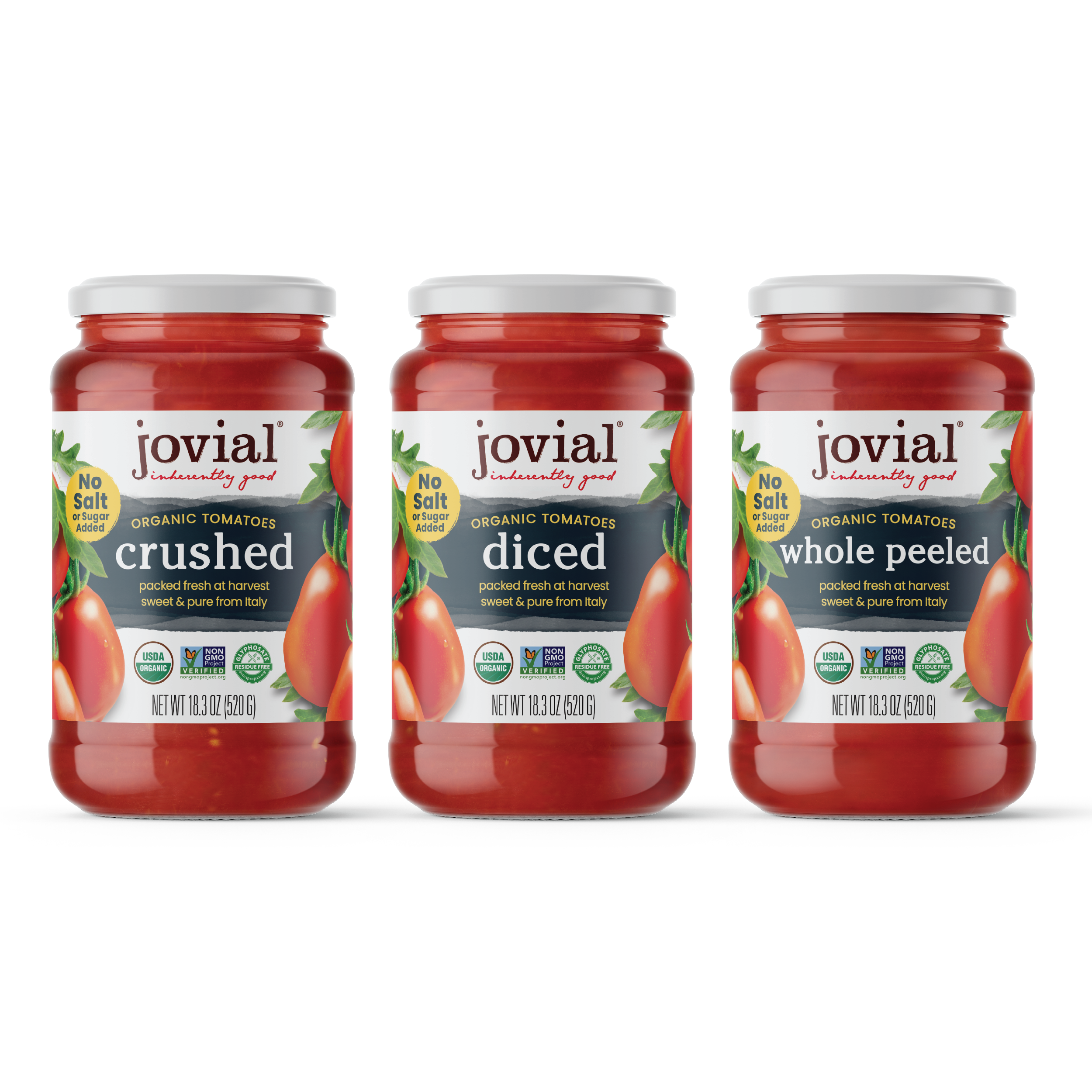 Front view of three Jovial organic tomato jars, crushed, diced, and whole peeled, 18.3 oz labels, white background