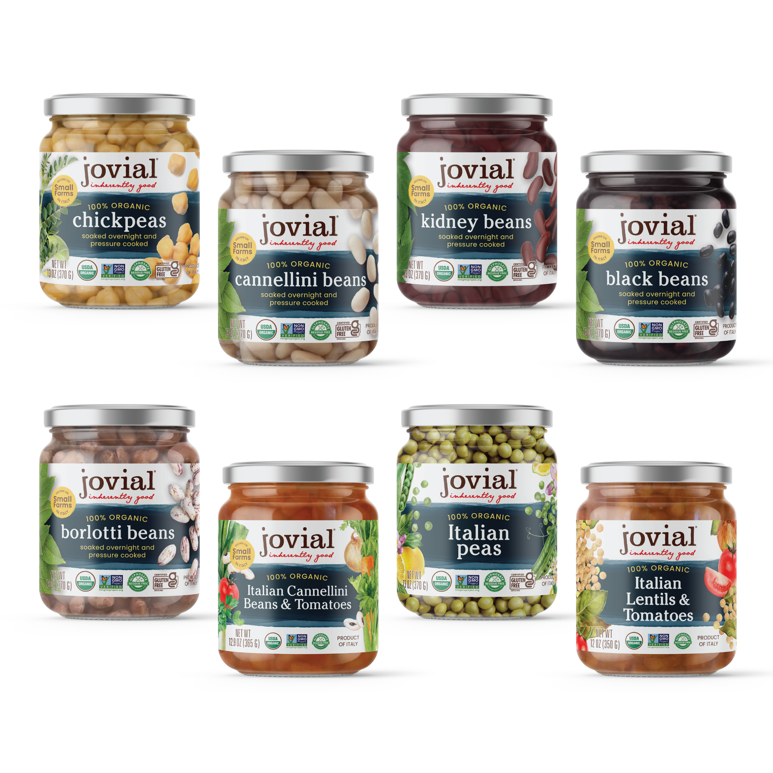 Front view of eight Jovial organic jarred beans and peas in glass jars with metal lids, assorted varieties on white background
