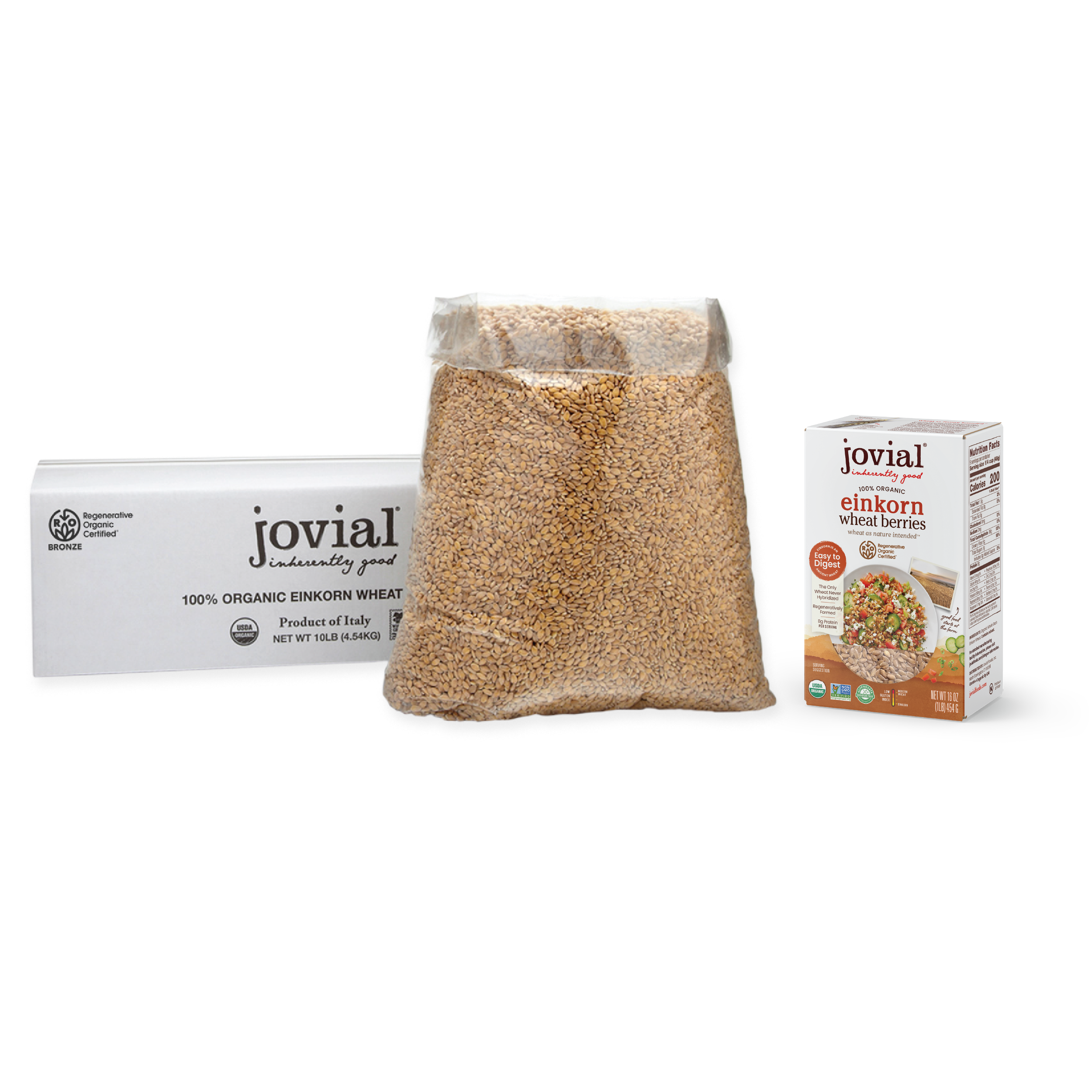 Front view of Jovial organic Einkorn wheat berries bundle showing a clear 10 lb bulk bag, boxed retail package, and branded case on white background