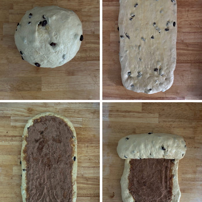 Collage showing cinnamon-raisin sourdough dough as ball, rolled sheet, cinnamon-sugar spread, and rolled loaf on board