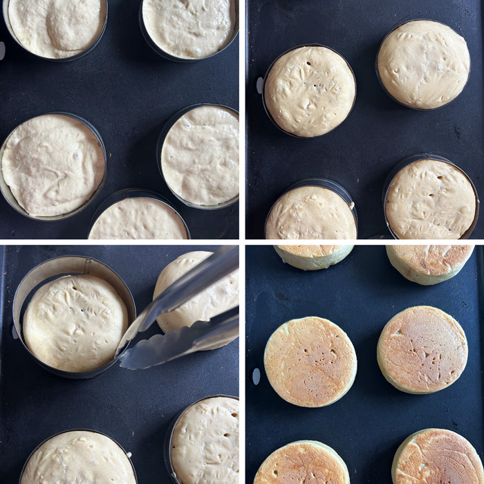 Overhead collage of sourdough einkorn English muffins in rings on a dark baking sheet showing risen dough and golden bottoms