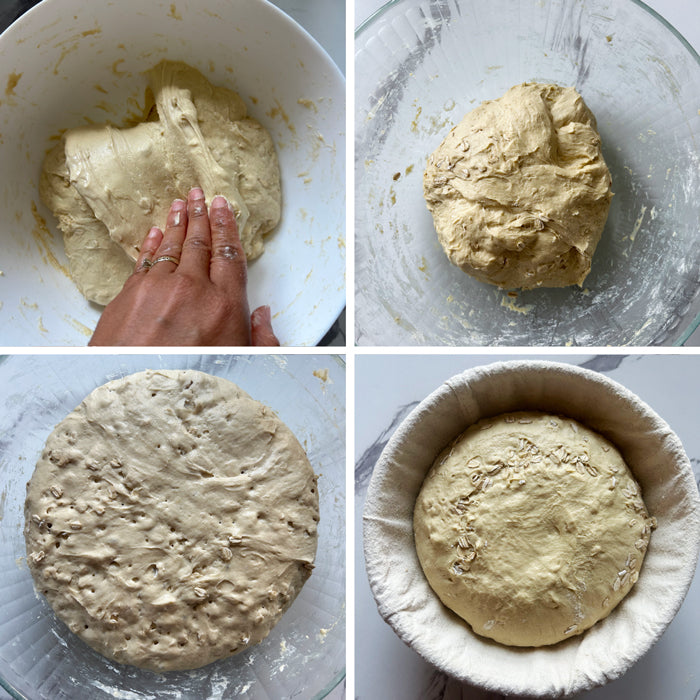 Sourdough honey-oat einkorn boule dough in four images: mixing, formed ball, risen with bubbles, proofing in floured banneton