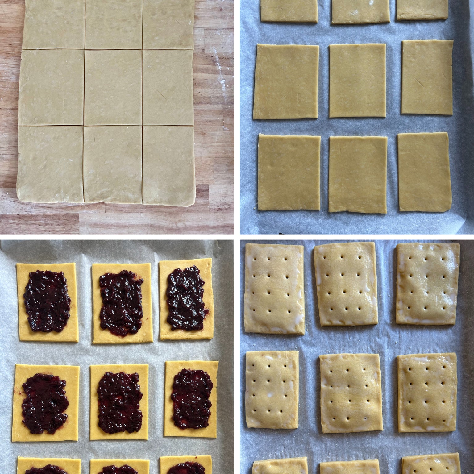 Sourdough wild-berry pop tarts in four stages: rolled and cut dough, raw rectangles on sheet, jam-filled, baked and iced