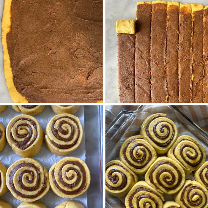 Einkorn sourdough pumpkin cinnamon rolls being prepared, filling spread on dough, dough cut into strips, and rolls arranged on parchment and in a baking dish