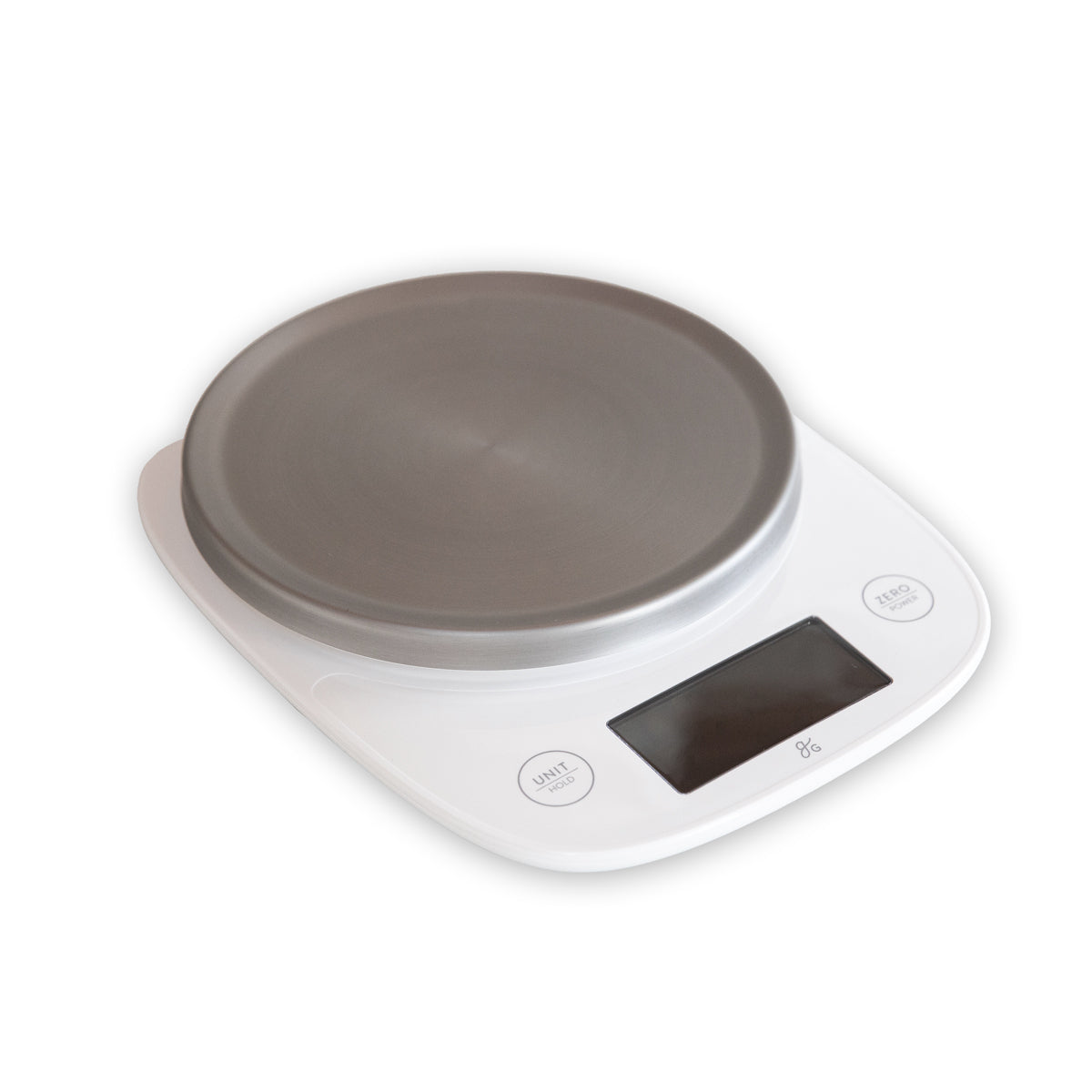 Angled digital kitchen scale with round metal platform, LCD display and unit and zero buttons on white background