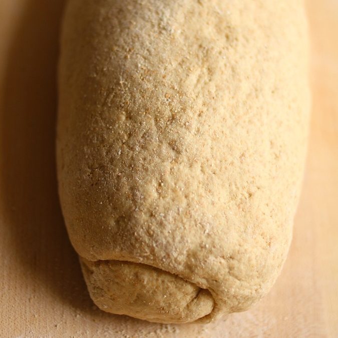 Close-up of whole-grain einkorn sourdough batard dough showcasing coarse whole-grain texture on a wooden board