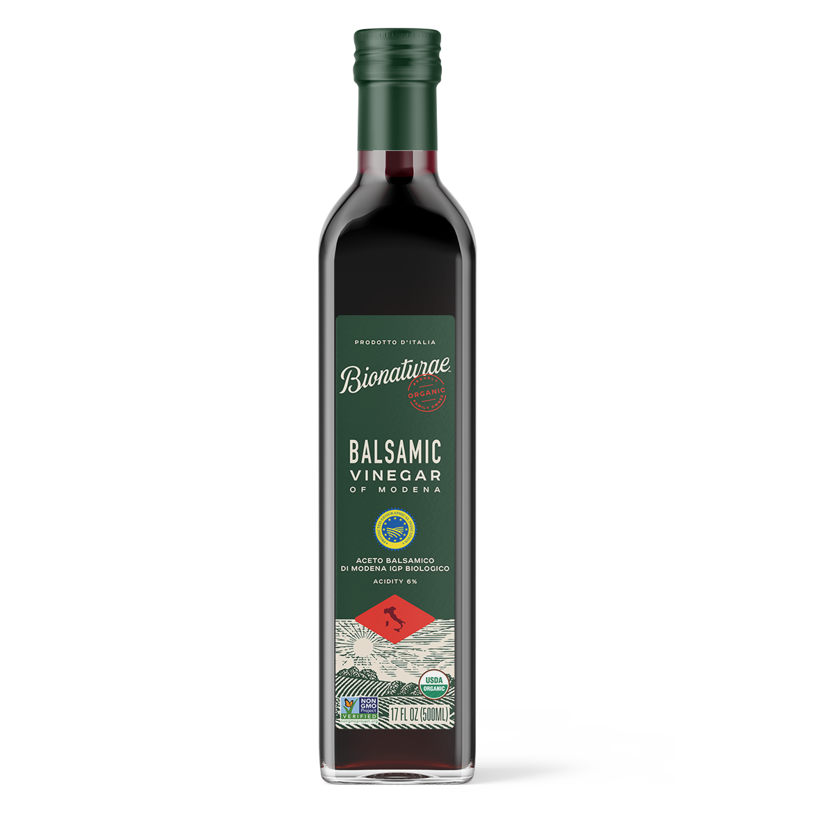 Front view of Bionaturae Organic Balsamic Vinegar 17 fl oz showcasing green label and Bionaturae logo on white background