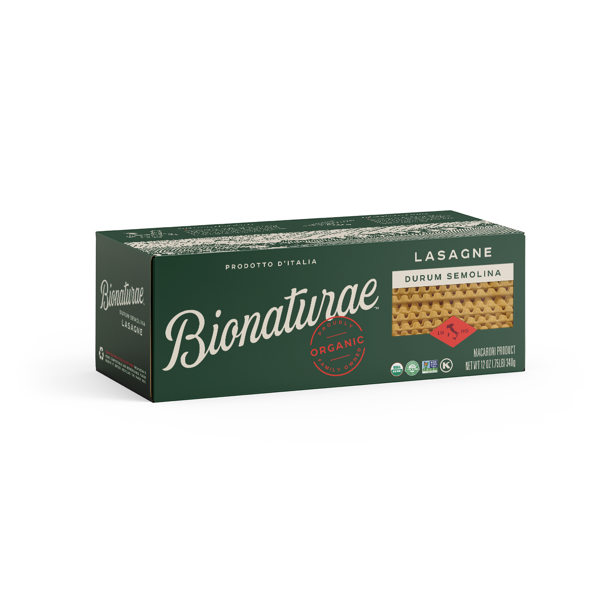 Front three-quarter view of Bionaturae lasagne box showing Durum Semolina label, organic seal, and window revealing pasta on white background
